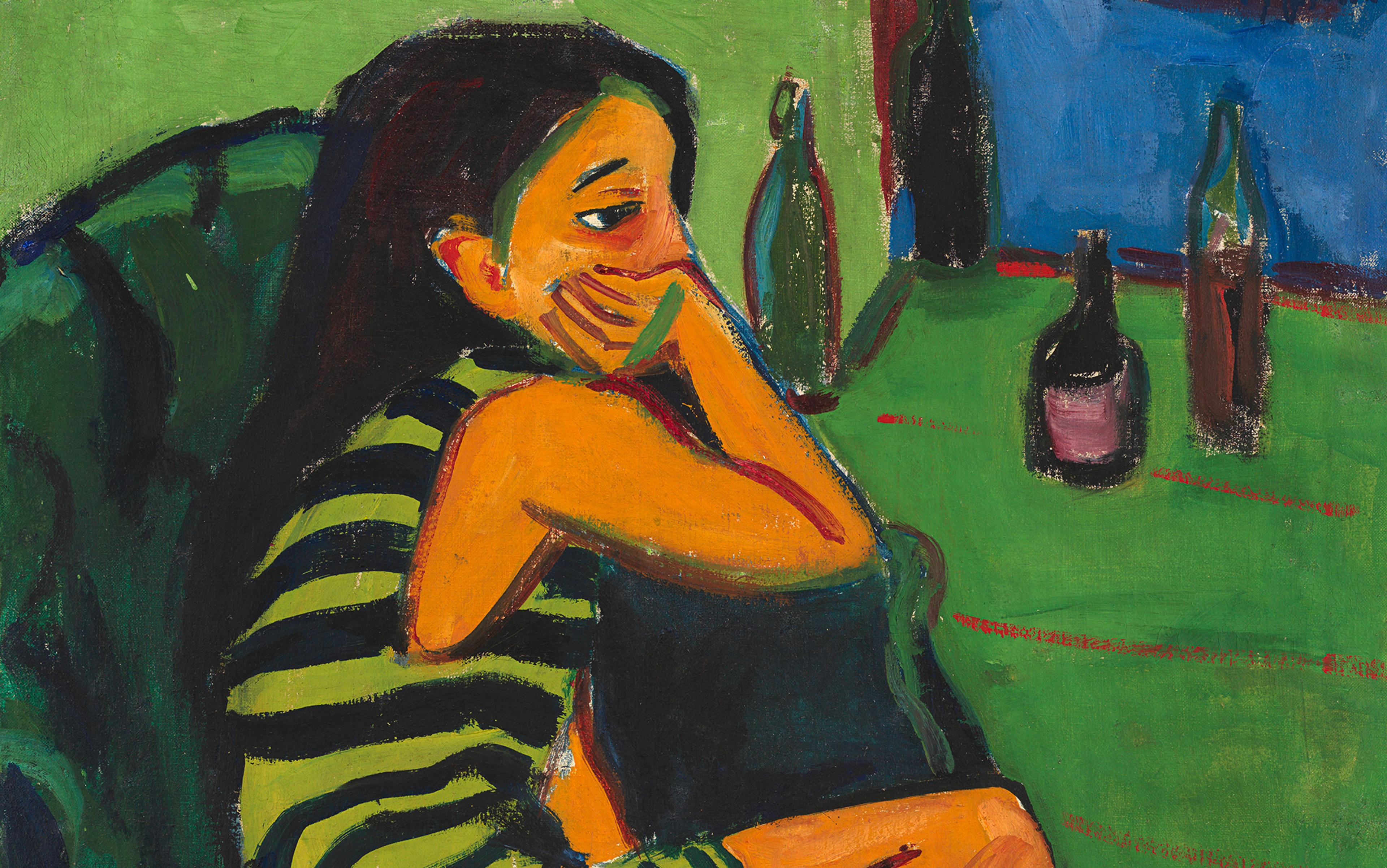 Painting of a person in a striped dress, resting their head on their hand, sitting next to a table with bottles, and a green background.