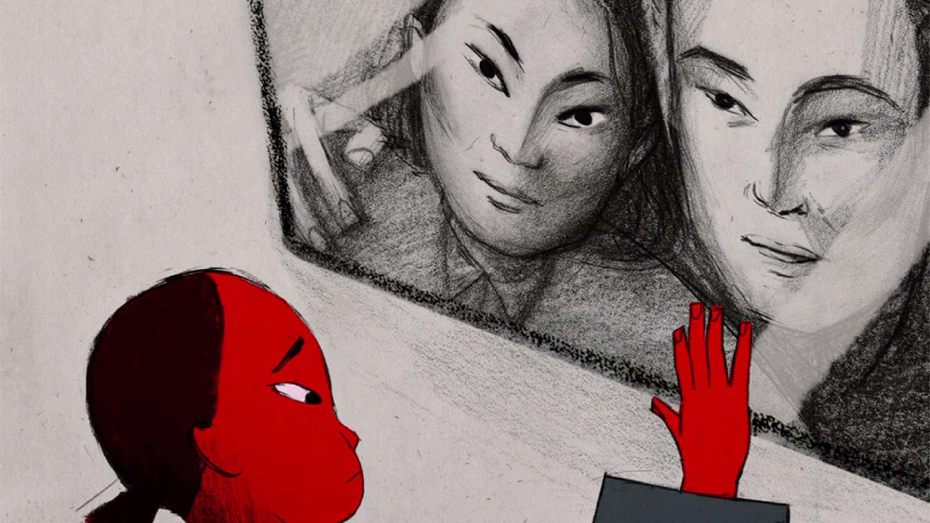 An animated drawing of a red person touching a monochrome sketch of two people on a glass surface.