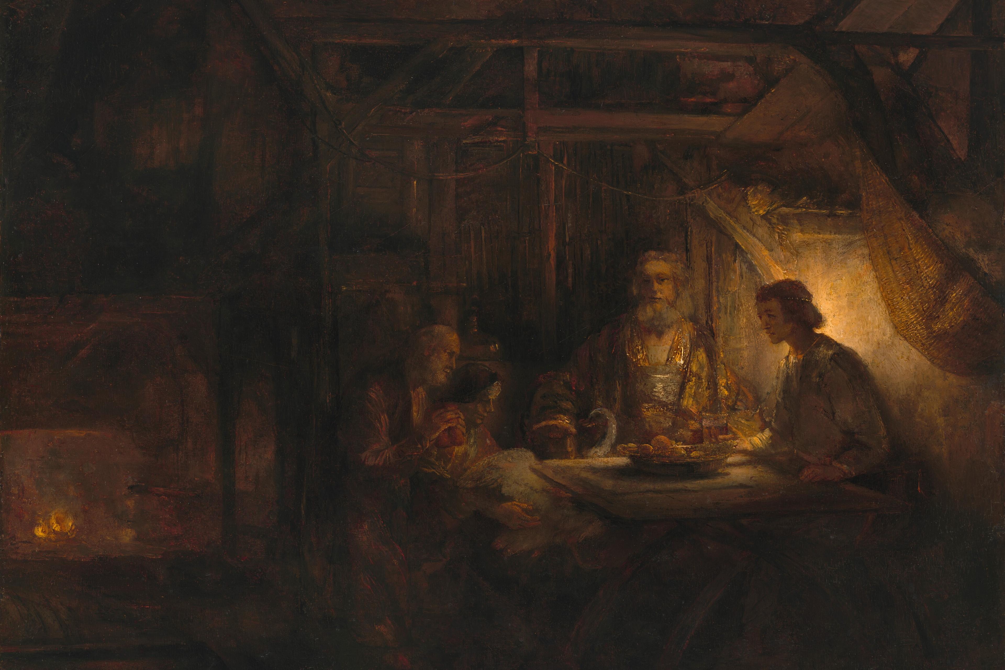 Painting of three individuals seated at a dimly lit table with food, in a rustic interior setting, evoking a warm atmosphere.