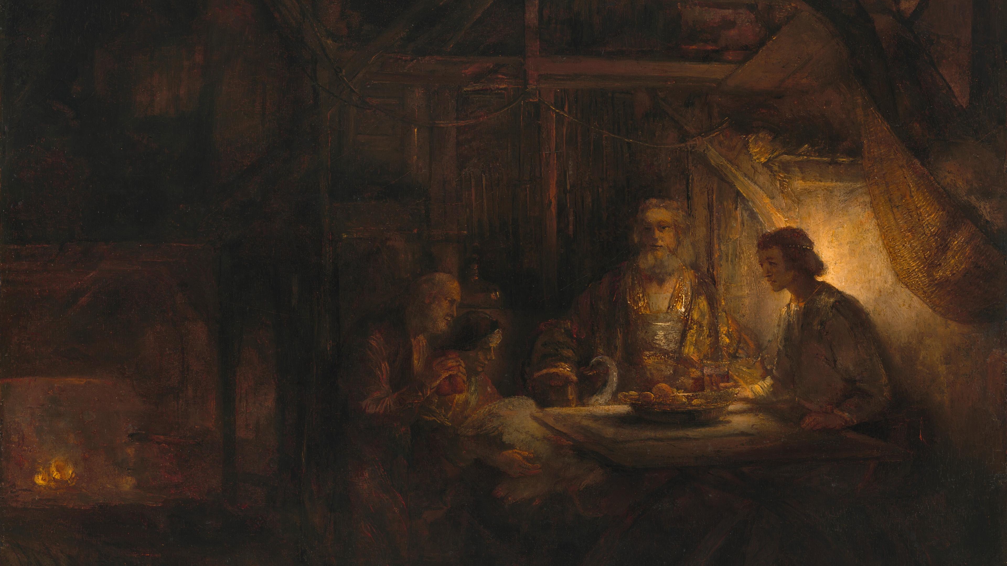 Painting of three individuals seated at a dimly lit table with food, in a rustic interior setting, evoking a warm atmosphere.