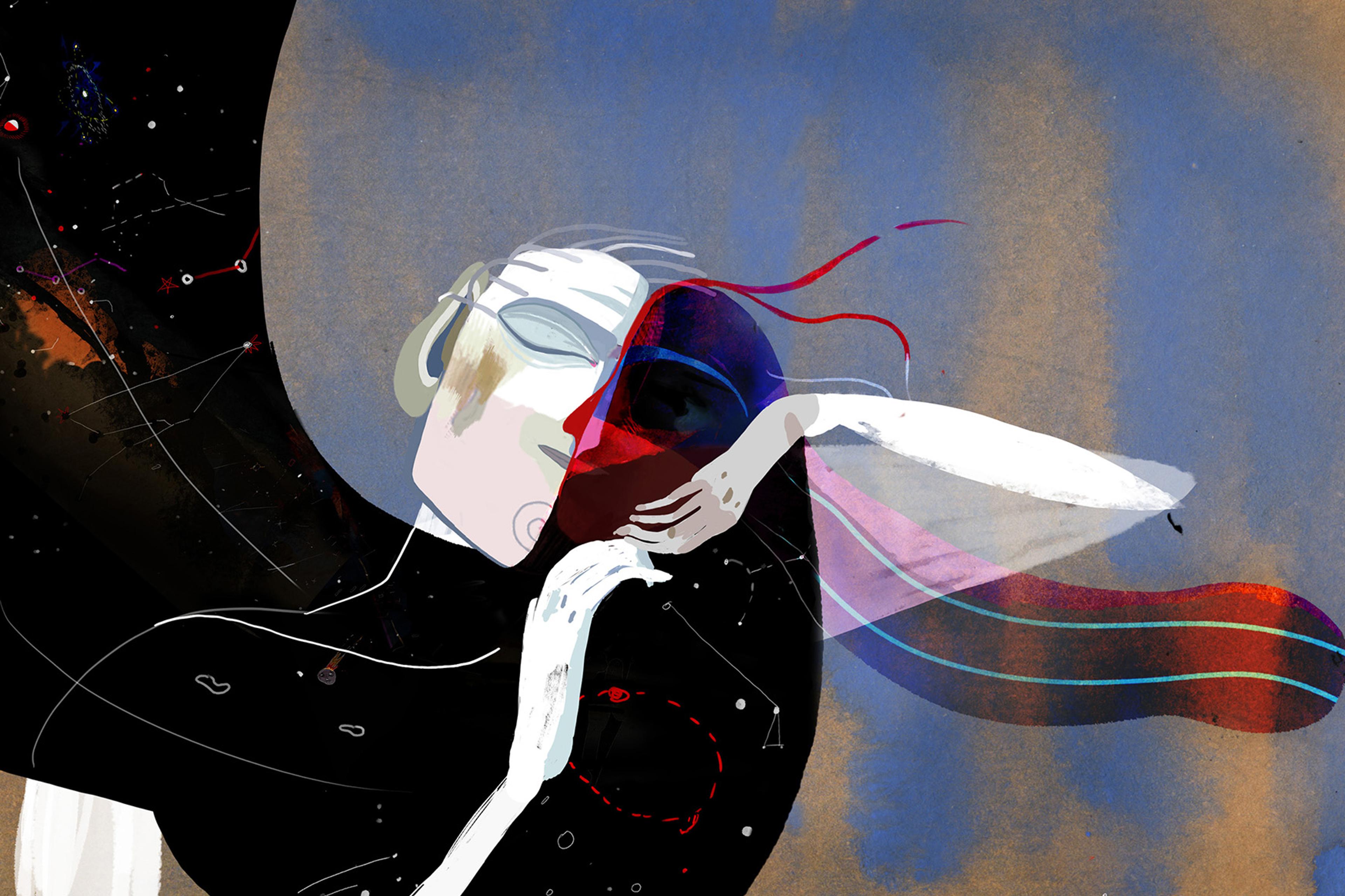 Abstract illustration of a person with eyes closed, wearing glasses, surrounded by cosmic elements on a blue and black background.