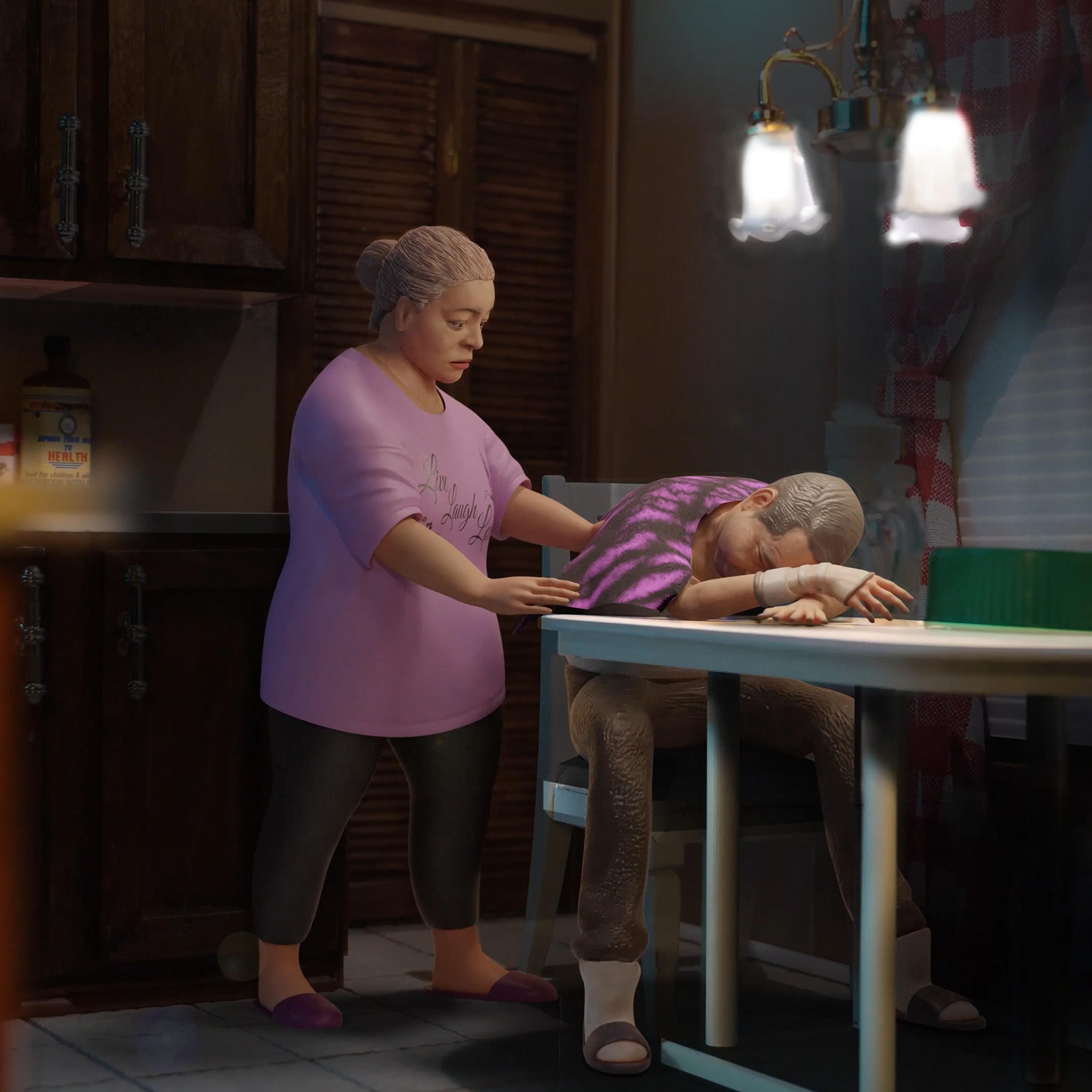 Animated scene of a woman comforting a man at a kitchen table, with one hand resting of his back.