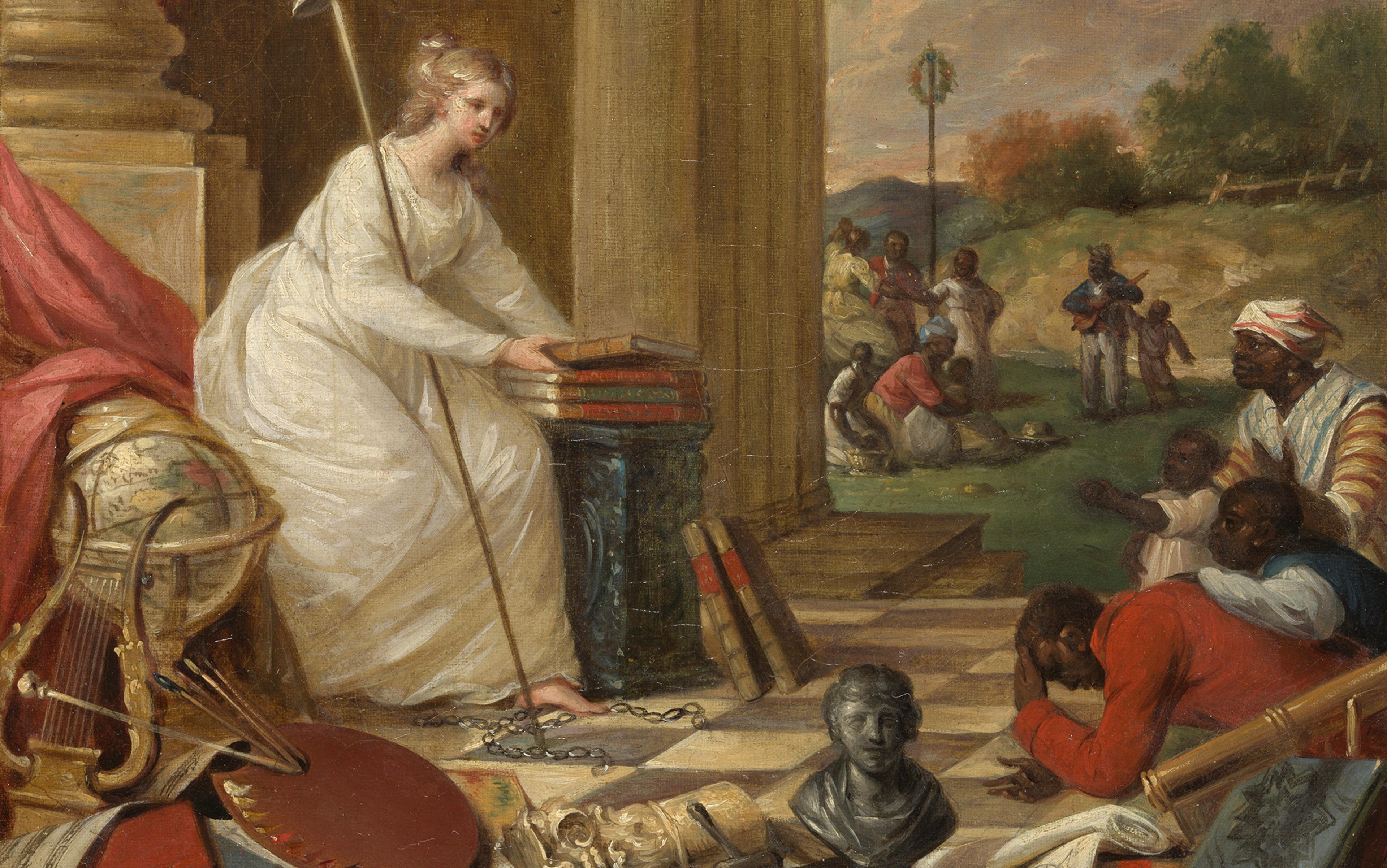 Classical painting of a white woman in a white dress holding books and a staff as Black people work and kneel at her feet and in the landscape outside.
