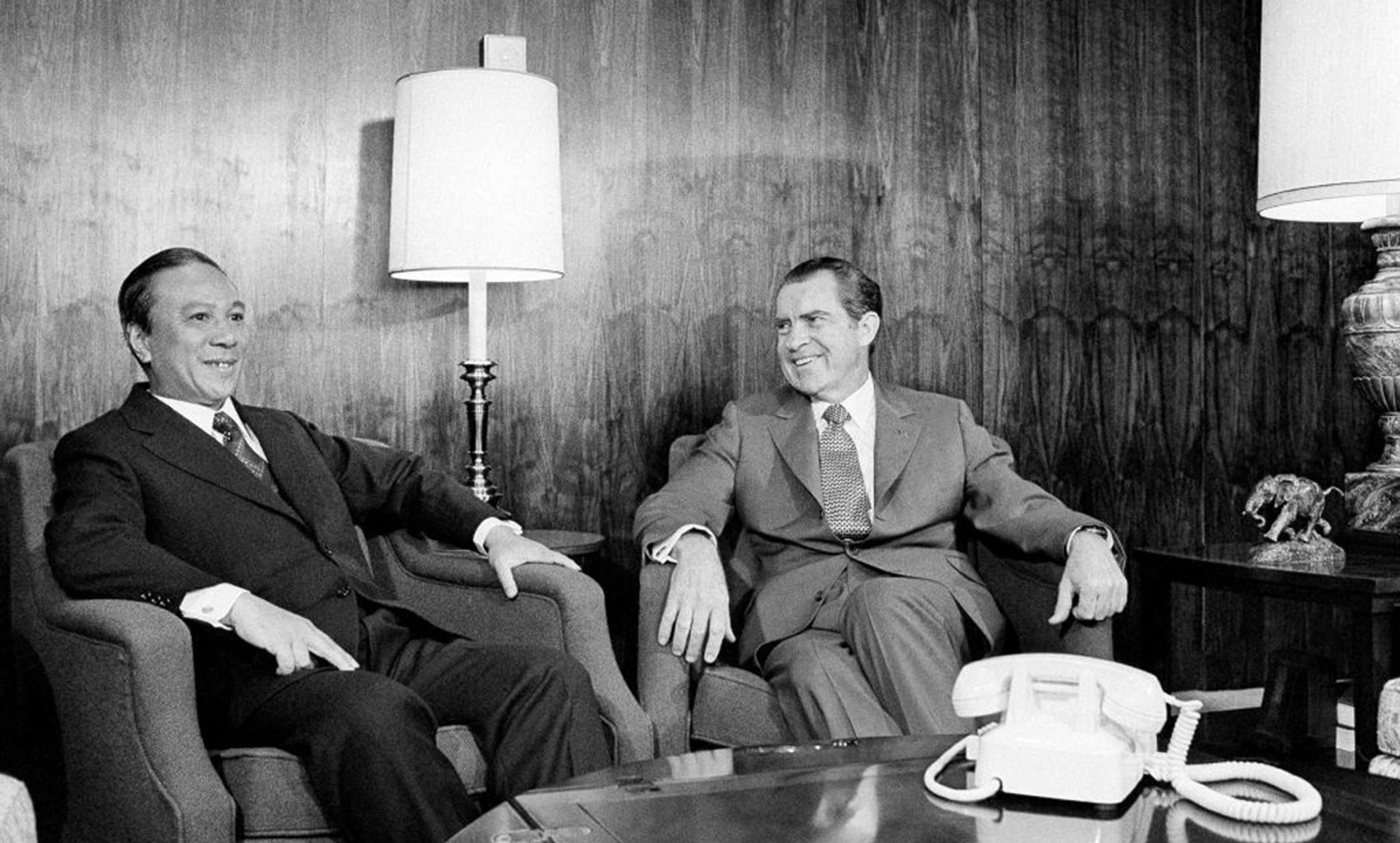 <p>Tricky. South Vietnam’s President Nguyễn Văn Thiệu meeting President Richard Nixon on 2 April 1973. <em>Flickr/AP</em></p>