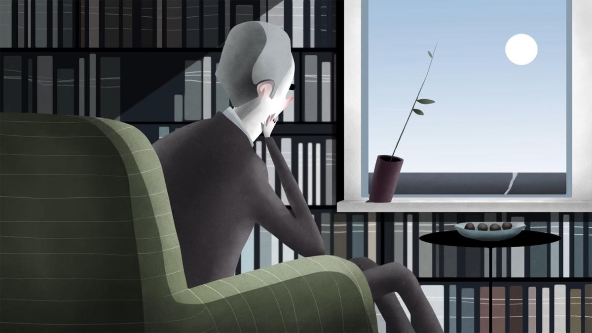 Illustration of a person in an armchair looking out at a full moon through a window with bookshelves in the background.
