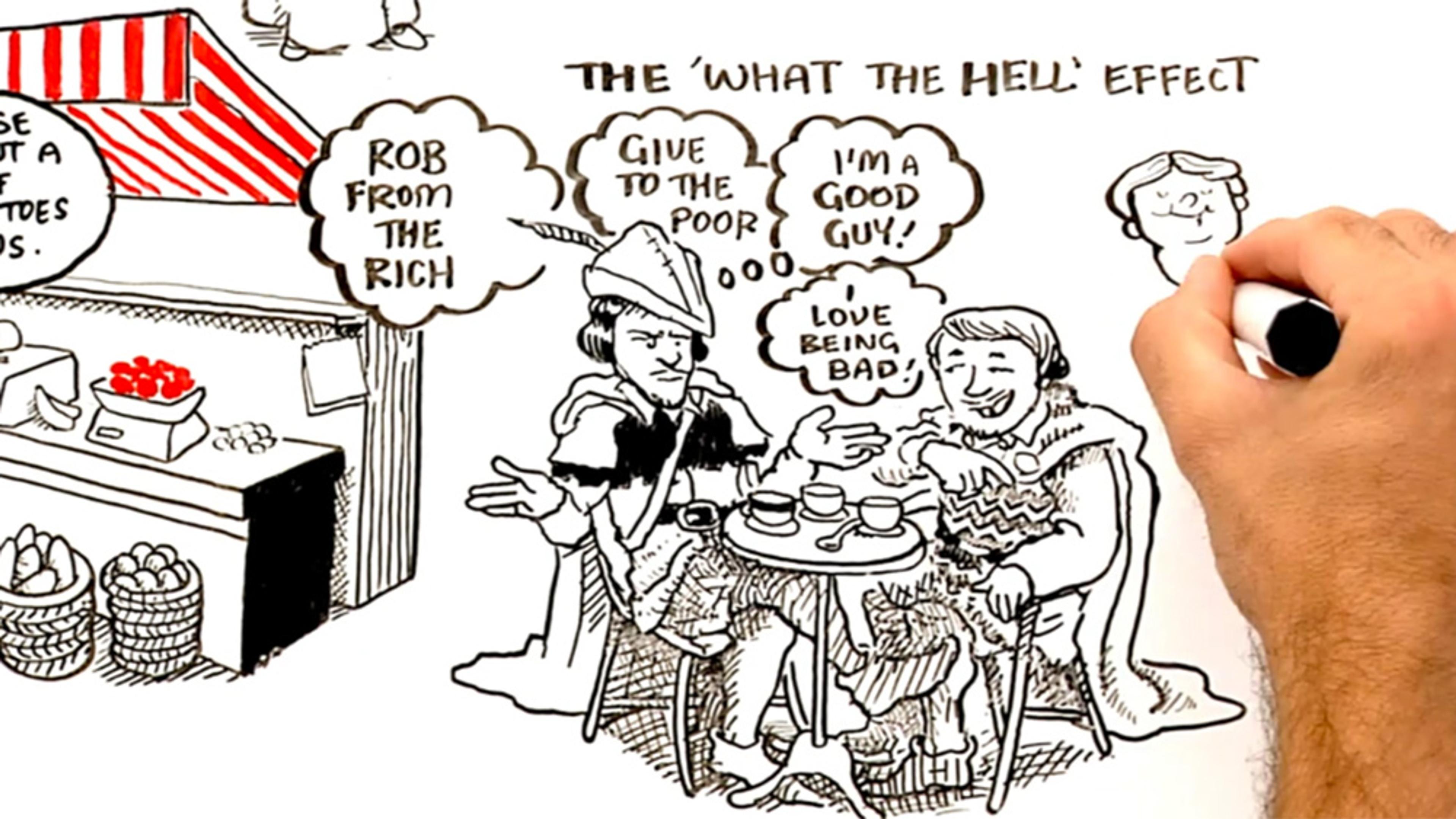 Illustration of a market scene with a hand drawing two men, one labelled “rob from the rich” the other “give to the poor”.