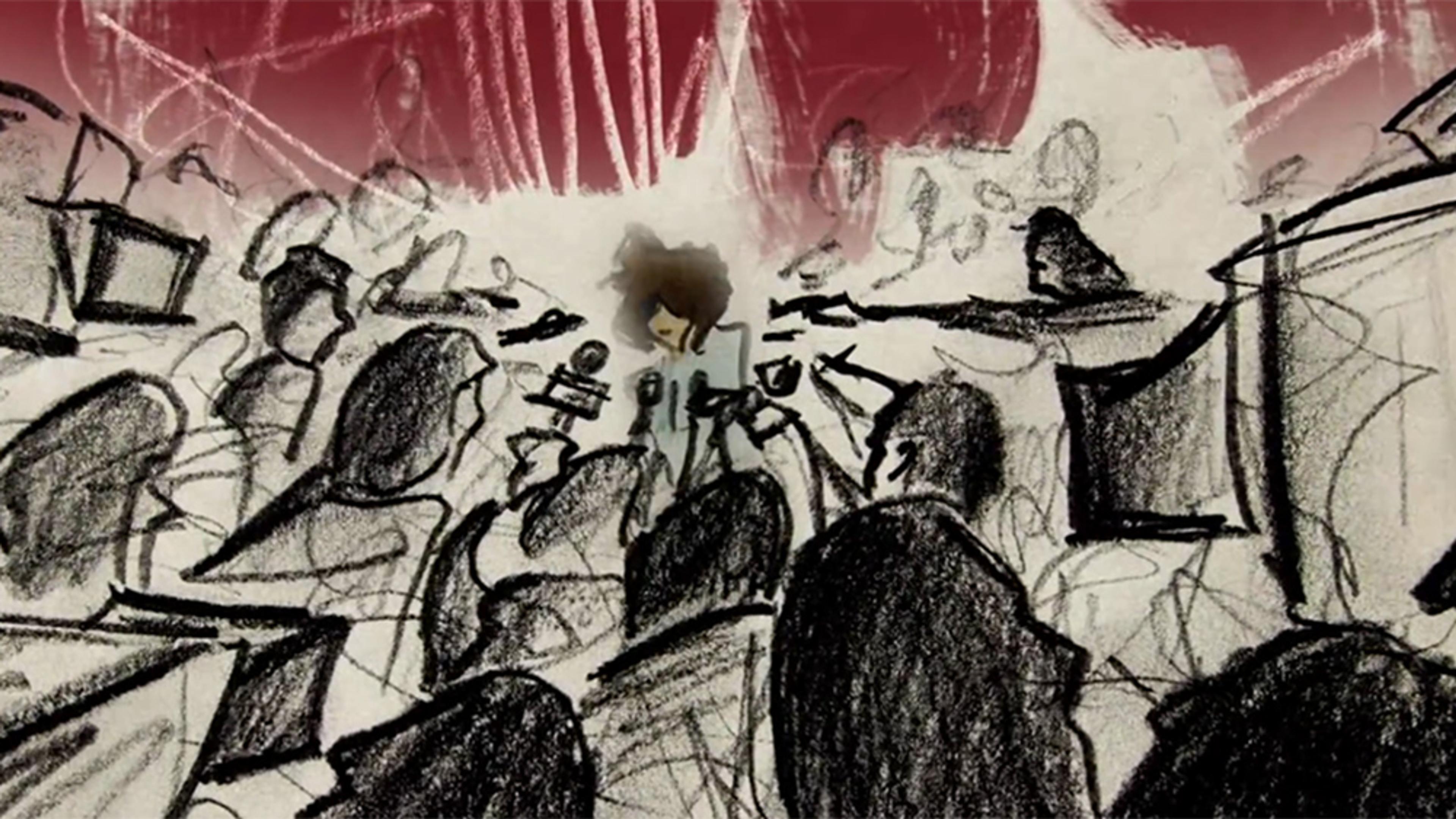 Sketch of a chaotic scene with reporters surrounding a central figure holding microphones, in front of a red and white abstract background.