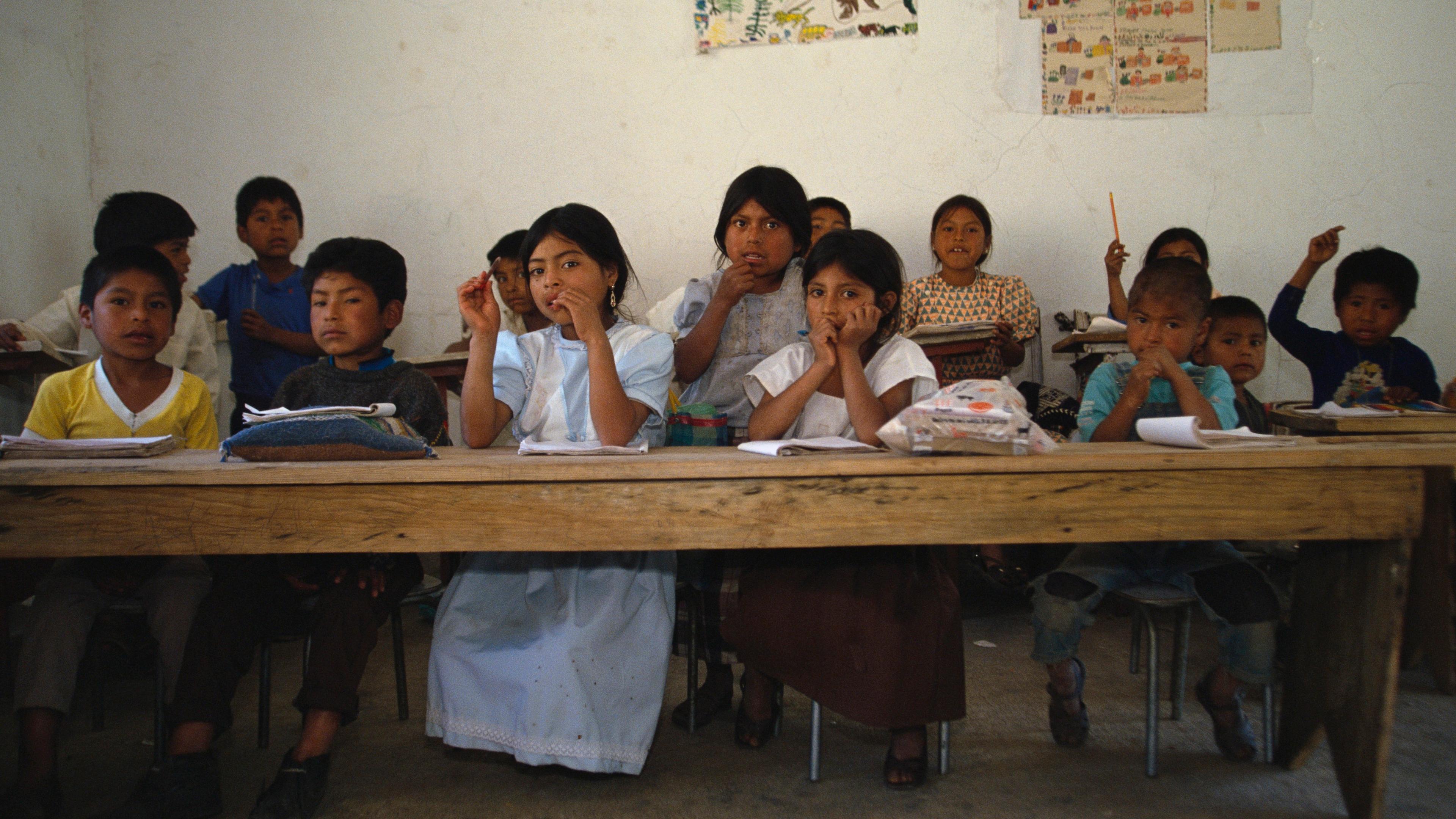 Photo of children sitting at a wooden desk in a classroom with drawings on the wall.