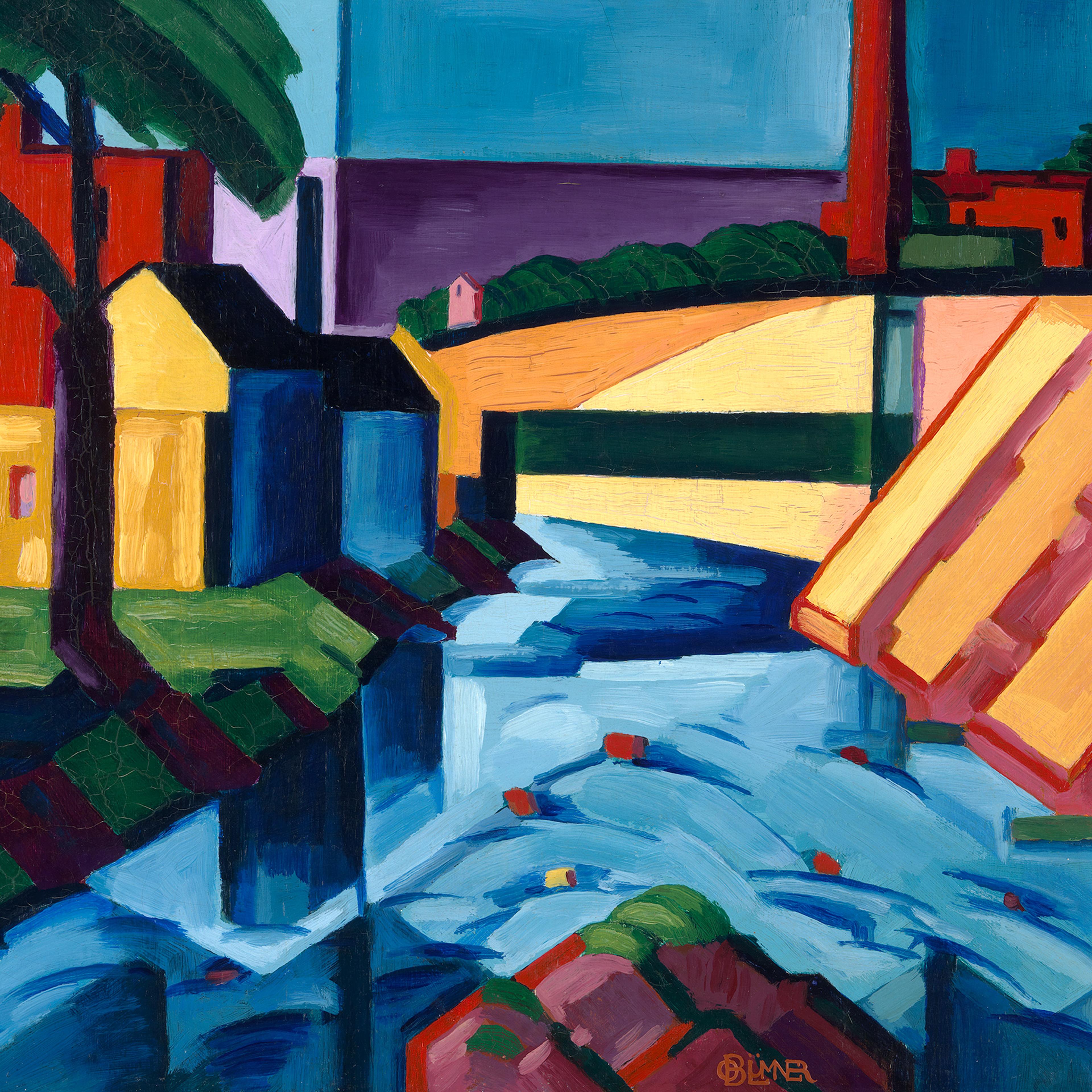 Abstract painting of a river with geometric, brightly coloured buildings and trees on the riverbank and a bridge in the background