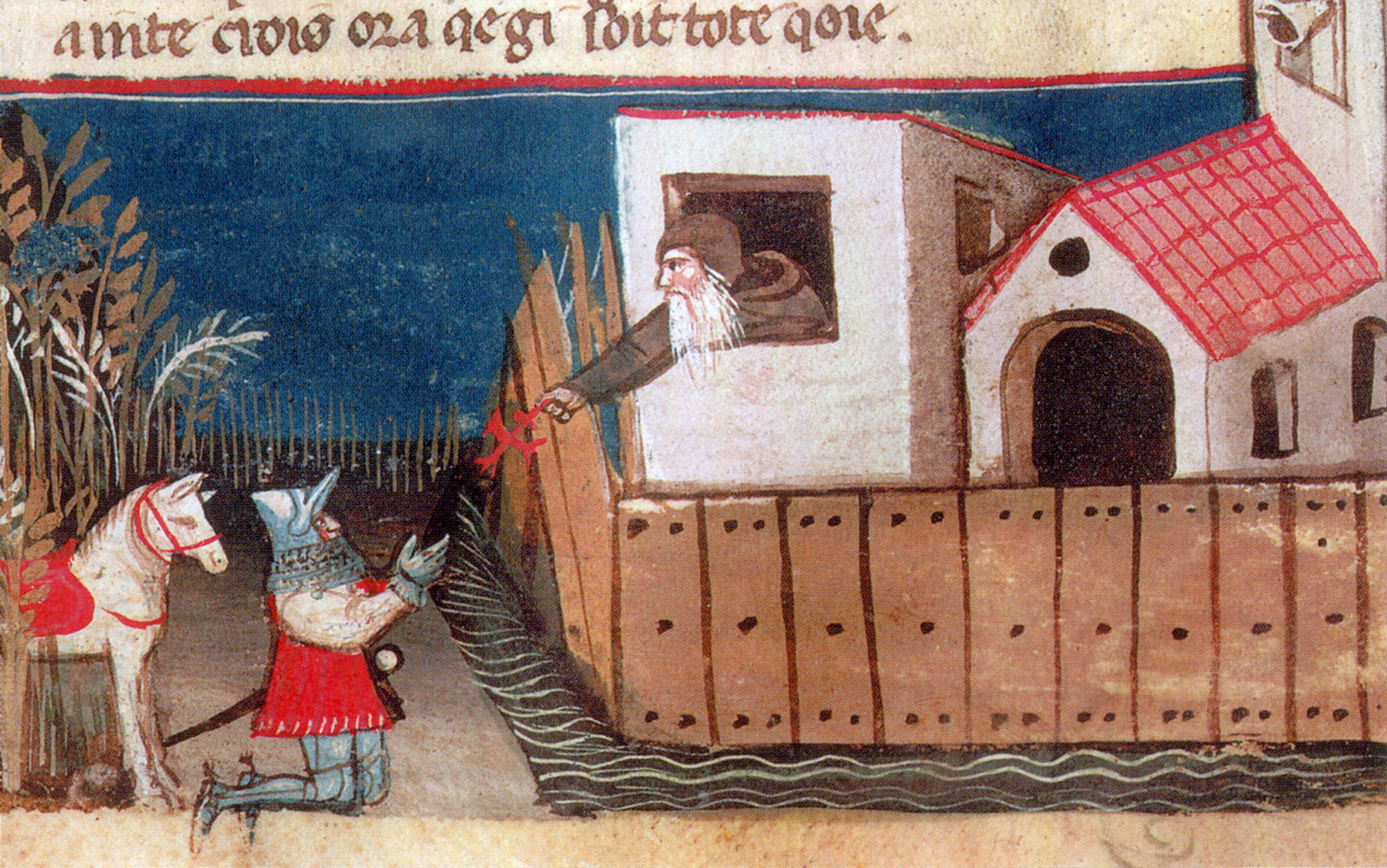 Medieval illustration shows a knight kneeling before a monk in a building, receiving a cross-shaped item; a horse stands nearby.