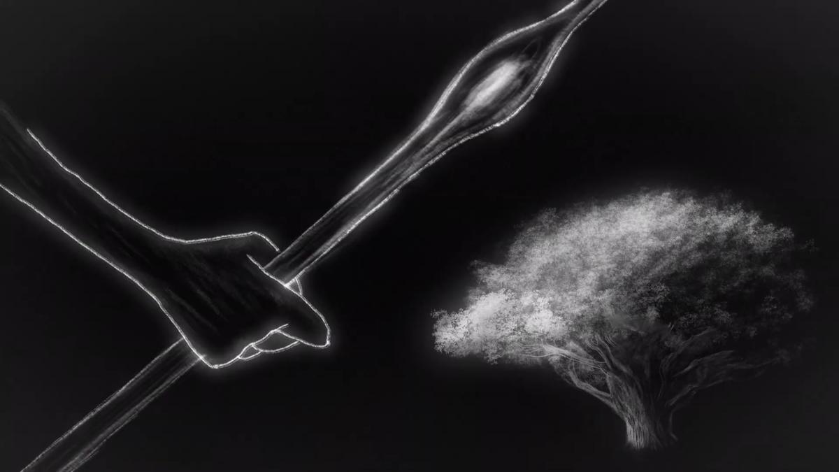 Black and white painting of a hand holding a spear aimed at a tree with glowing leaves against a dark background.