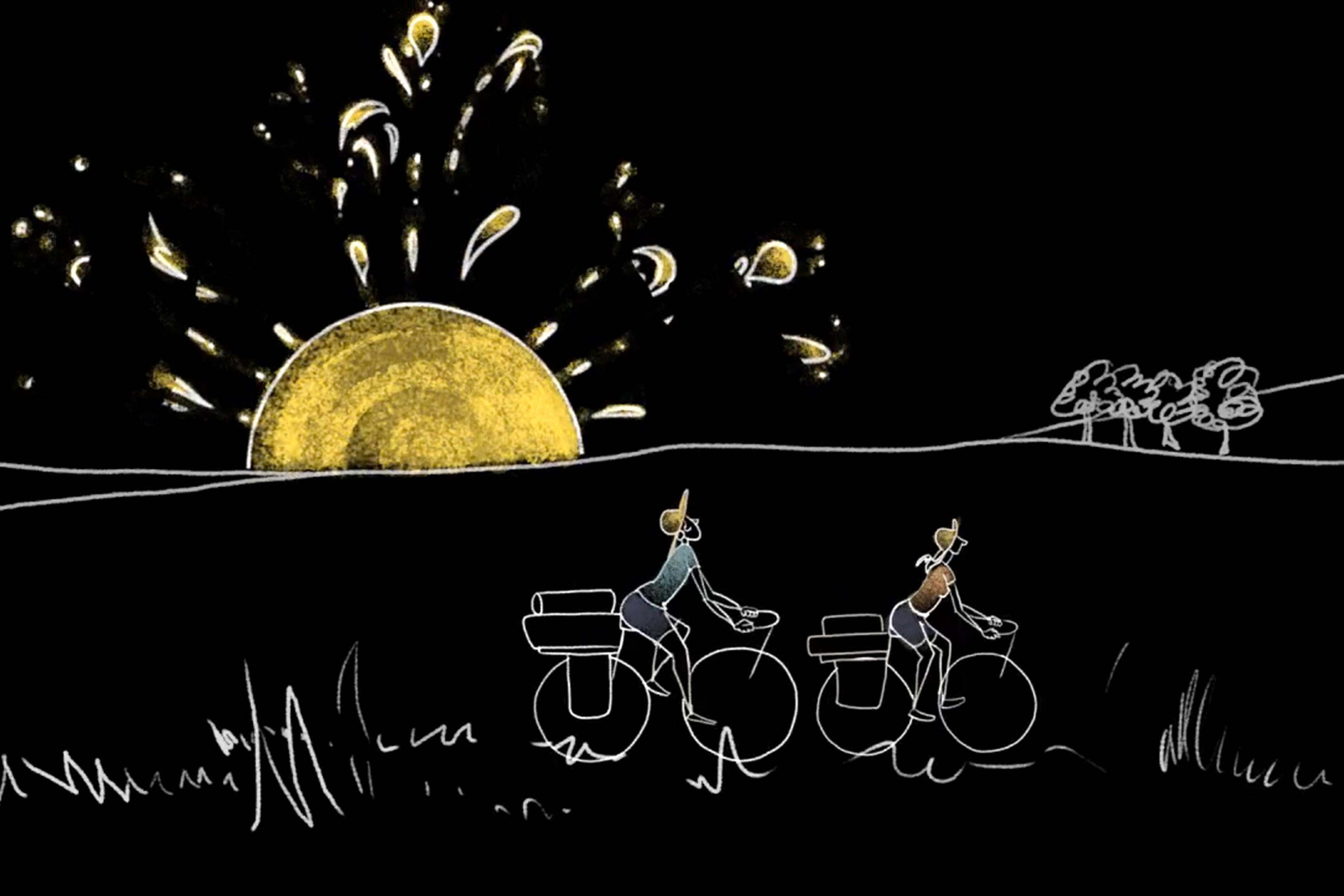Illustration of two people cycling across a field at sunset with a golden sun in the background and trees on the horizon.