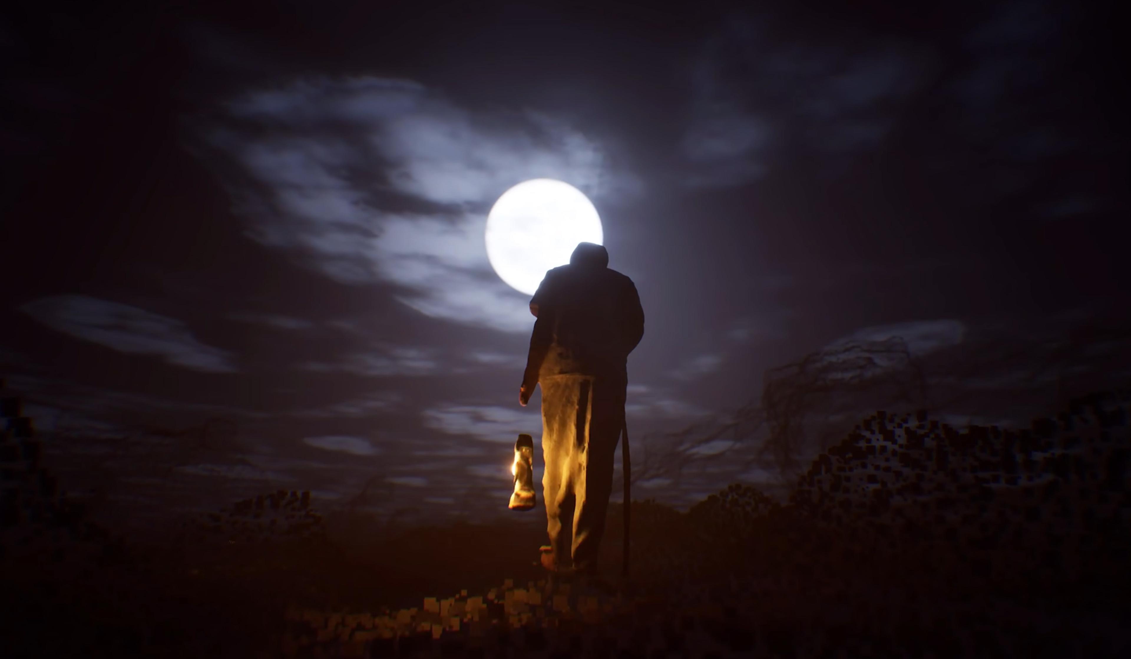 A silhouetted person walking with a lantern beneath a full moon in a cloudy night sky, creating a mysterious and atmospheric scene.