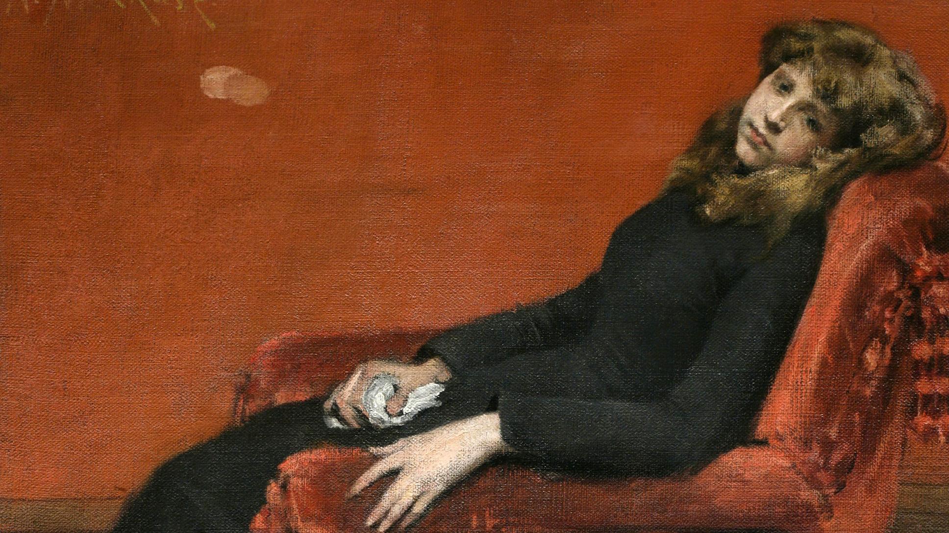 Painting of a woman reclining on a red chair against a red background wearing a black dress and holding a white cloth.