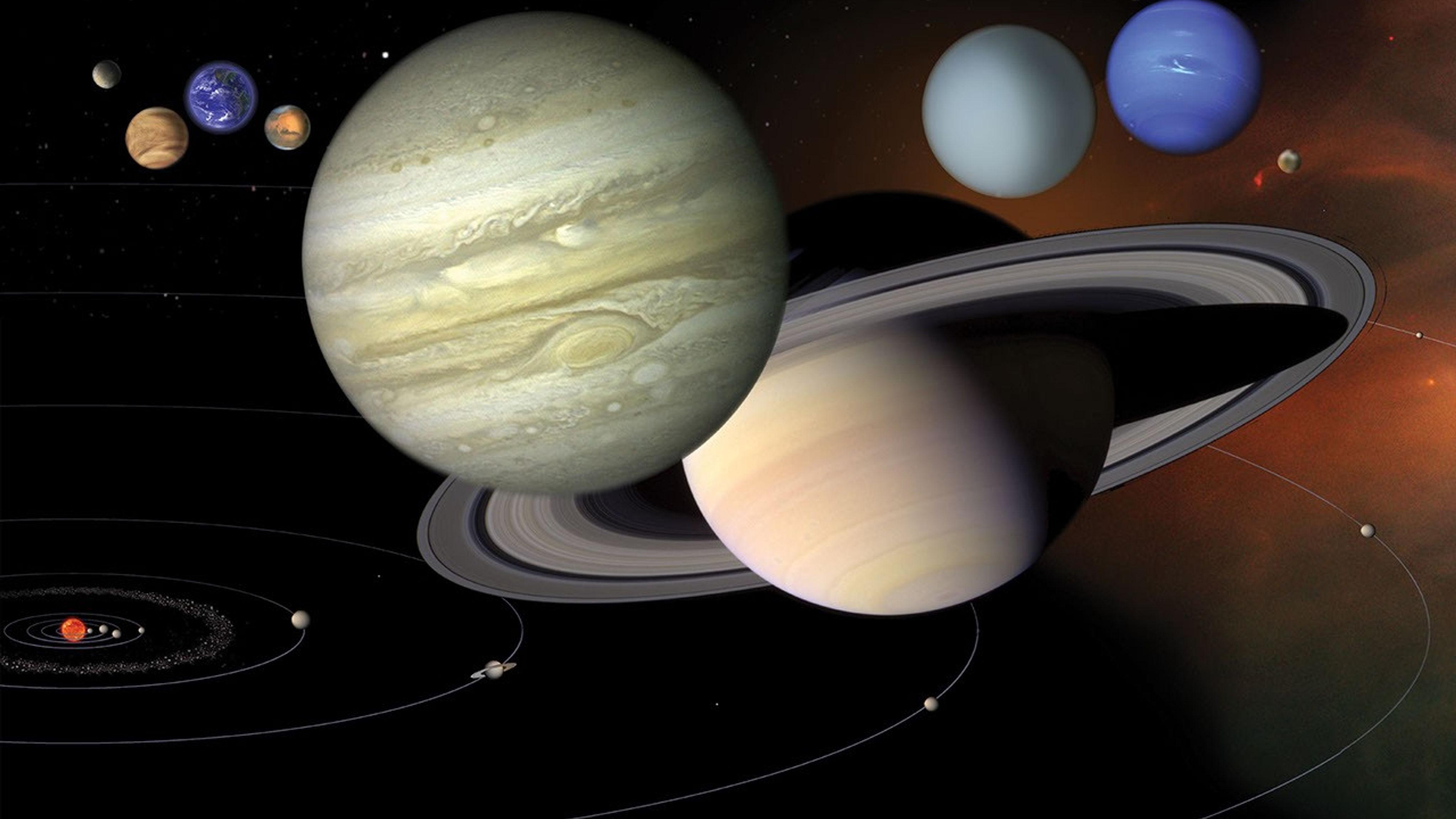 Illustration of the solar system with planets in order of distance from the Sun on a dark background.