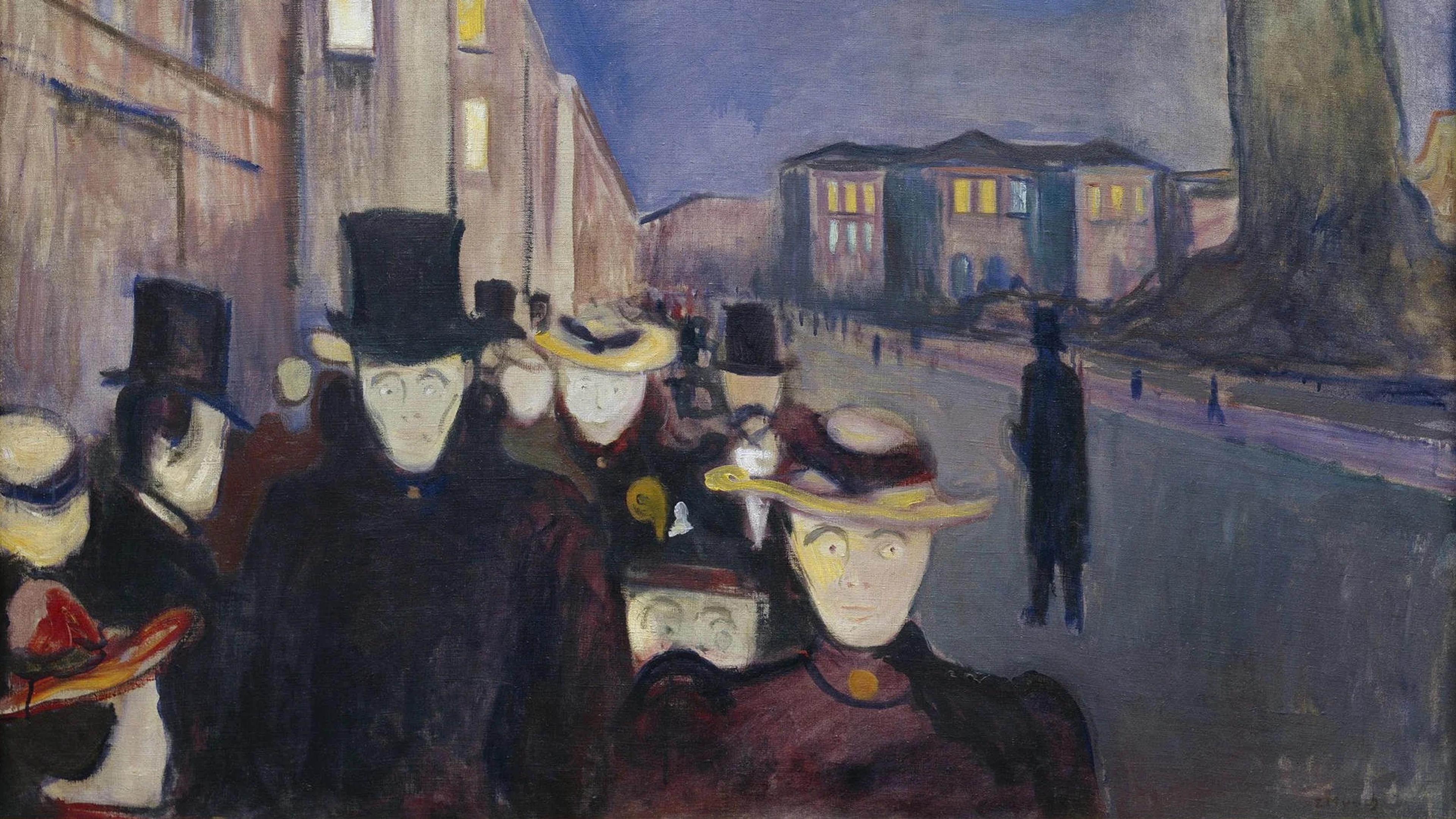 Painting of a crowd in evening dress strolling down a street at dusk with buildings and a large tree in the background.