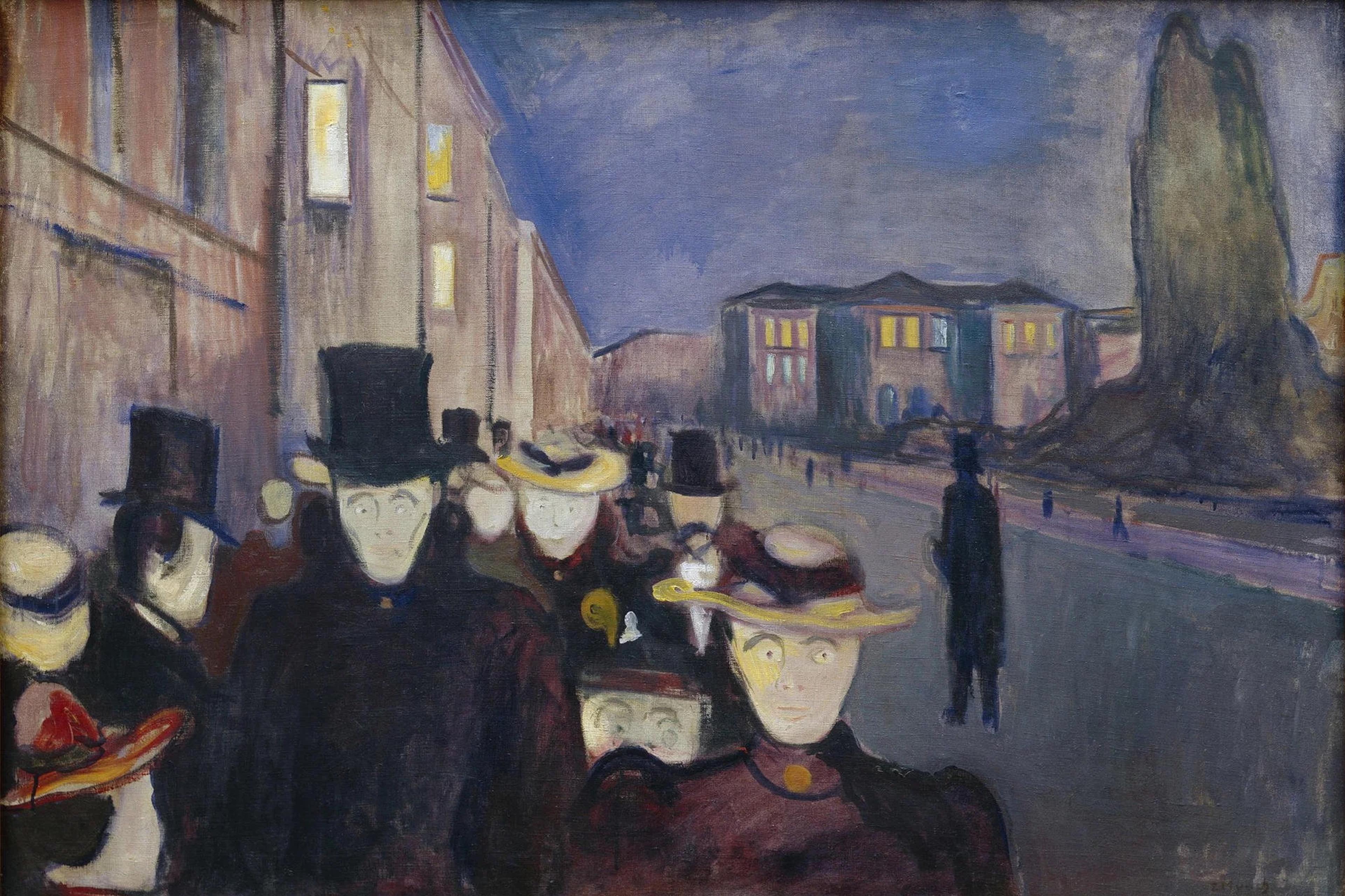 Painting of a crowd in evening dress strolling down a street at dusk with buildings and a large tree in the background.