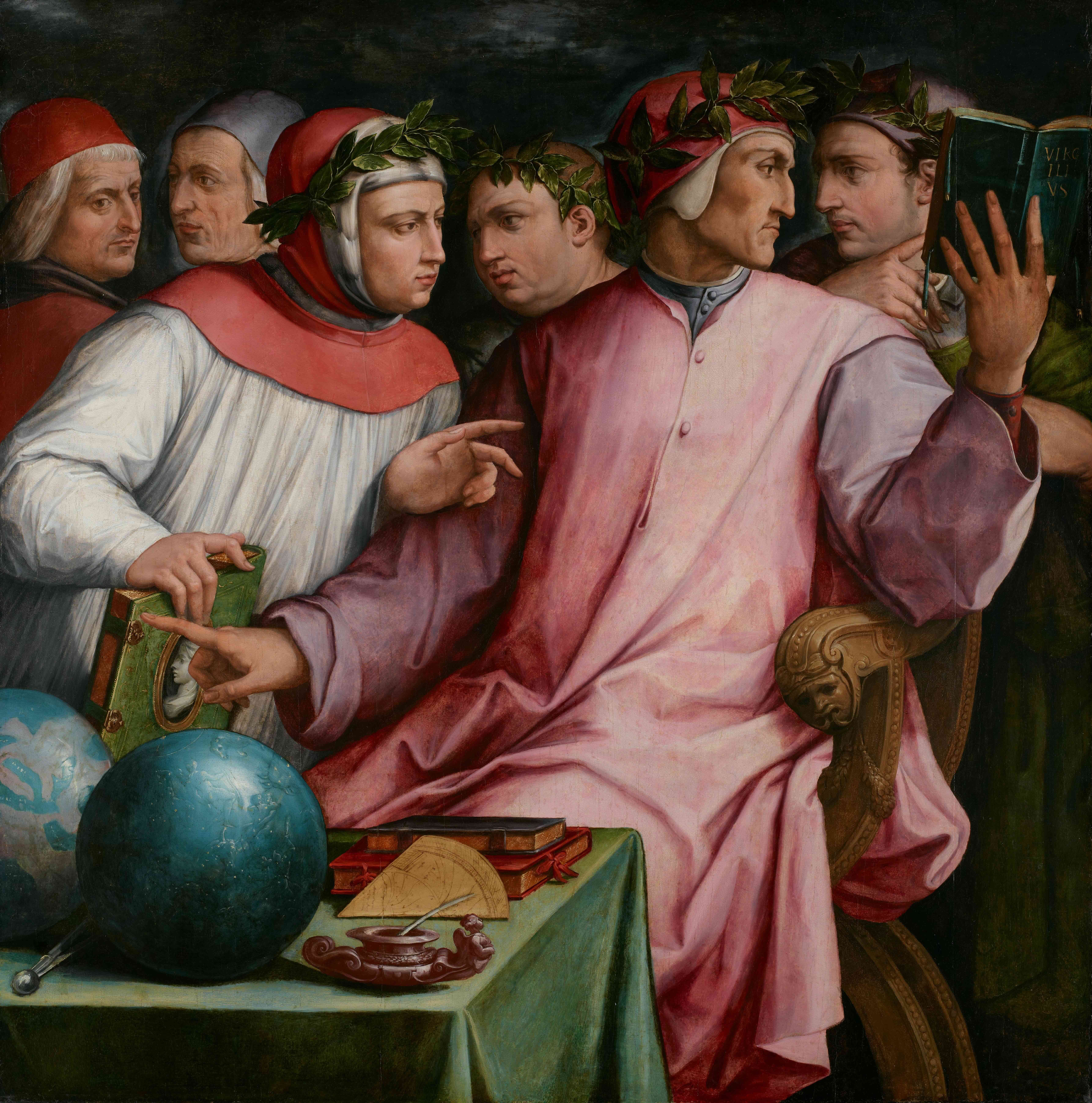 Painting of a group of scholars in discussion, wearing laurel wreaths, with books and a globe on a table.