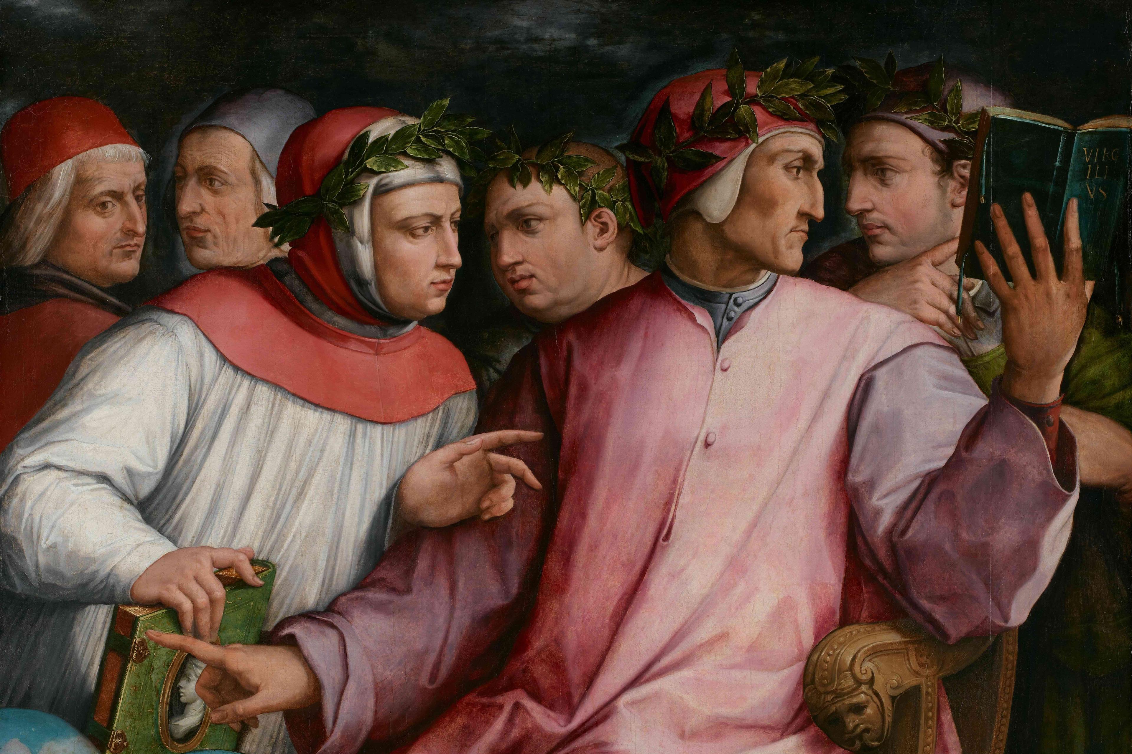 Painting of a group of scholars in discussion, wearing laurel wreaths, with books and a globe on a table.