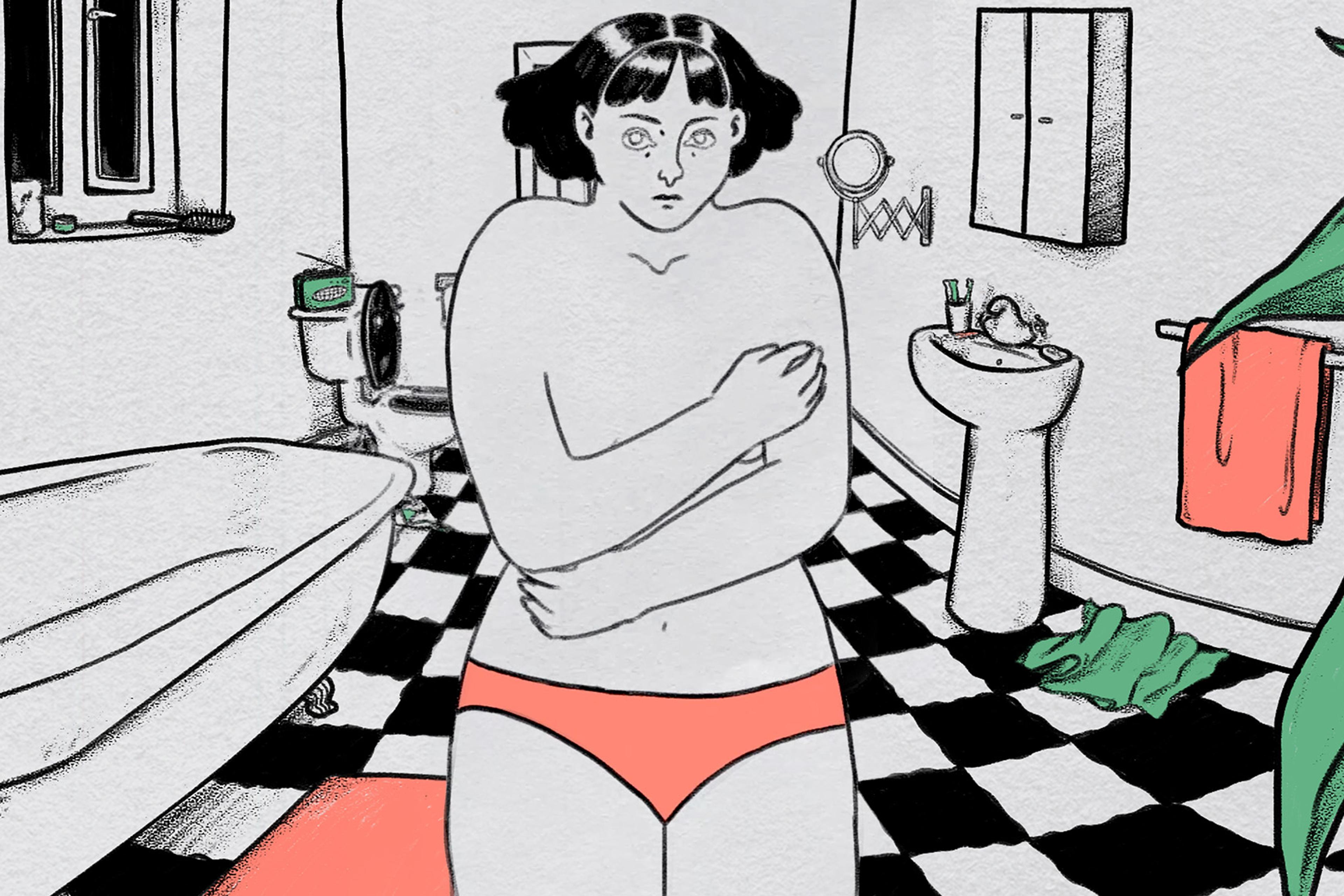 Illustration of a woman with a short black hair wearing red panties clutching her chest in a black and white bathroom with a checkered floor, green plant, bath, sink, toilet, and red towel.
