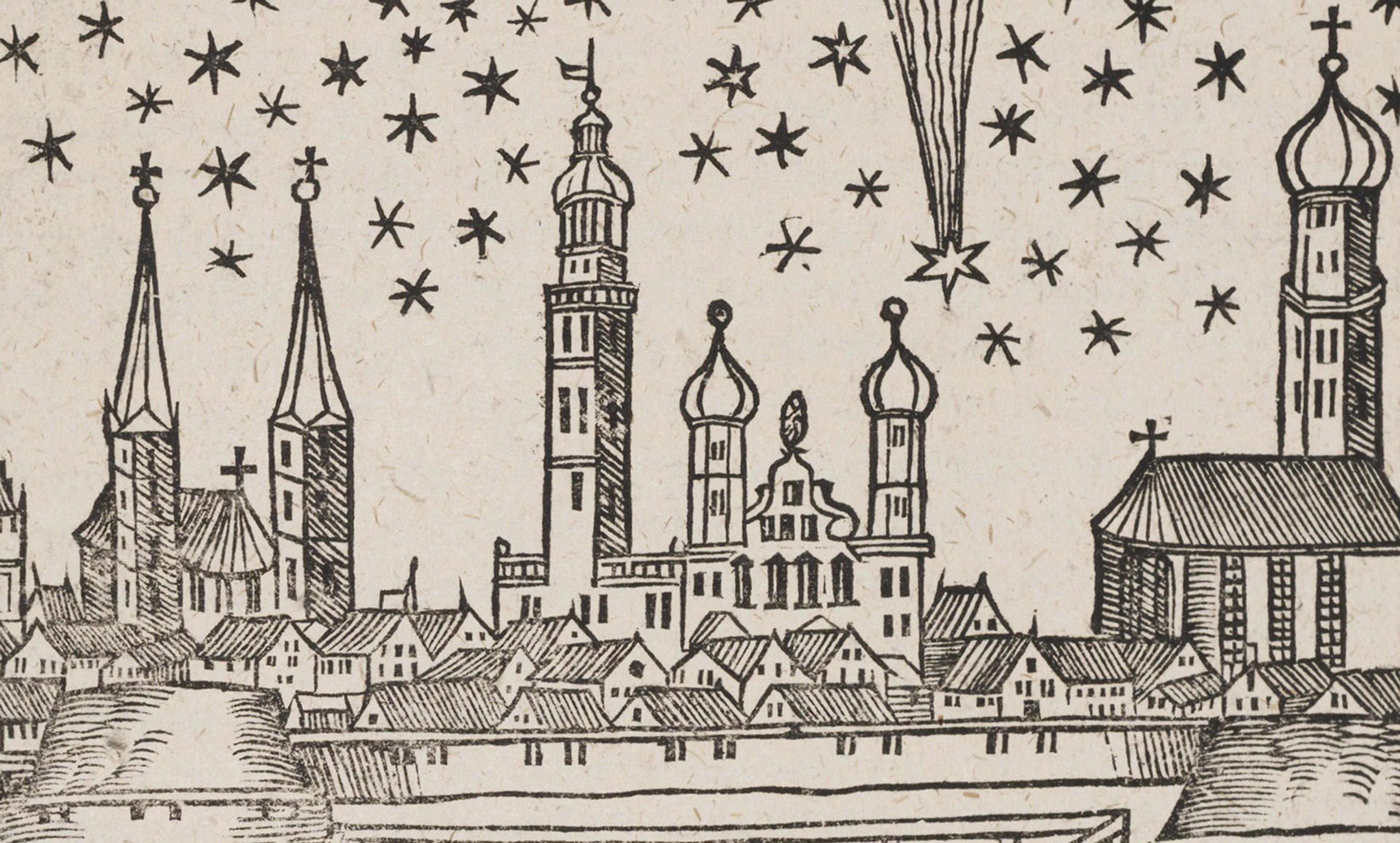Black and white woodblock print of a medieval cityscape with numerous towers under a sky filled with stars and a comet.