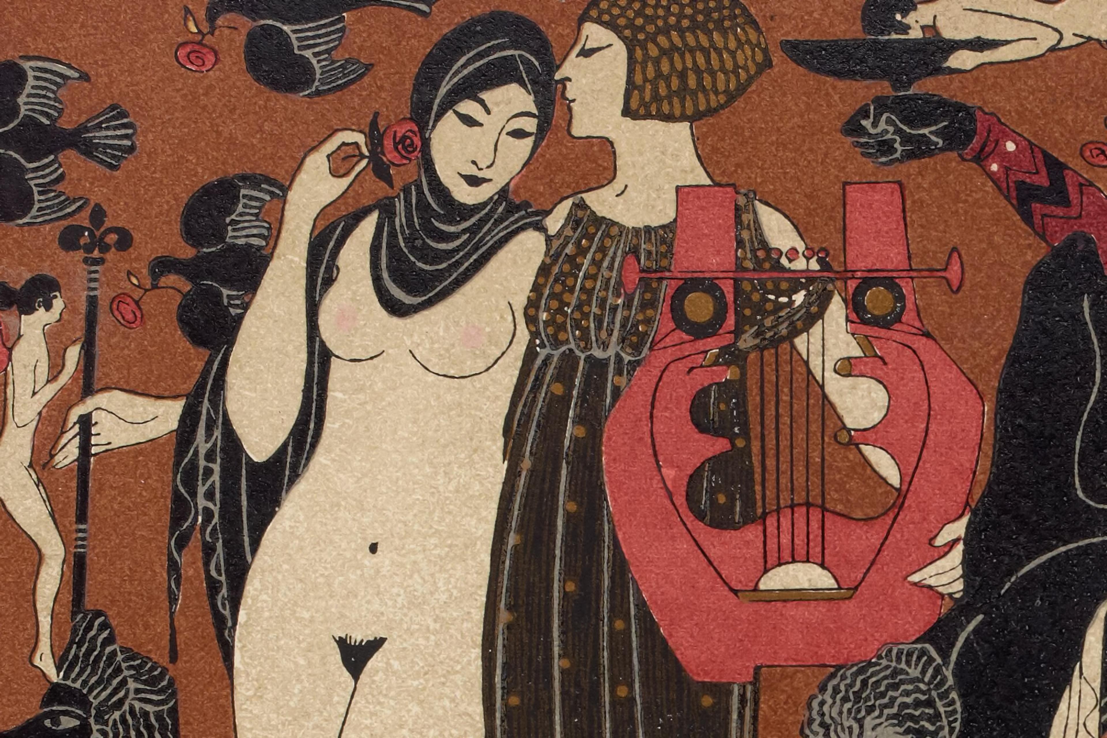 Art deco painting of two women, one nude holding a rose, surrounded by birds and a person playing a lyre in red and black.
