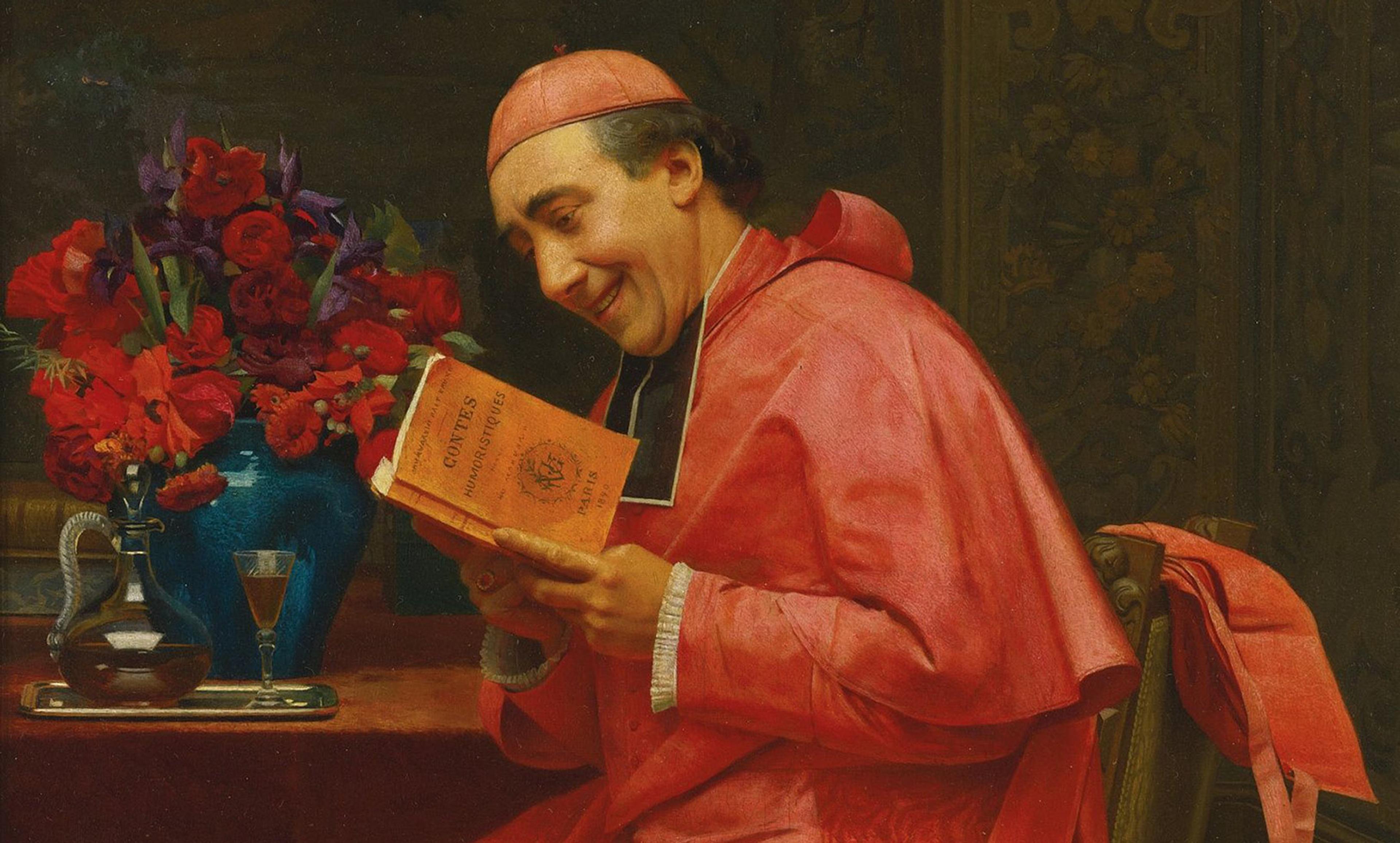 Painting of a smiling man in red religious attire reading a humorous book next to a table with flowers and a decanter.
