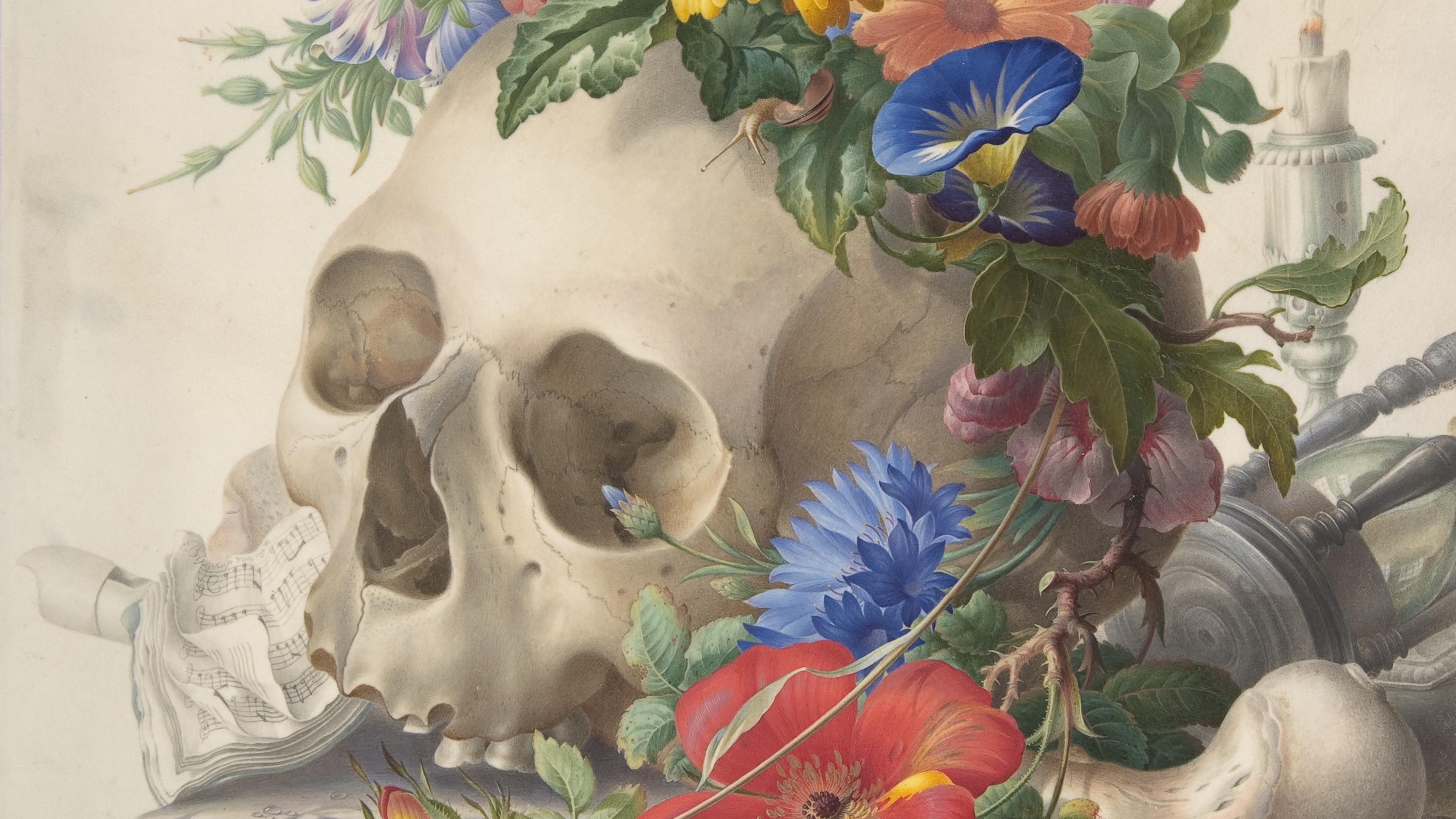 Painting of a skull adorned with vibrant flowers and a butterfly, with a candle and sheet music in the background.