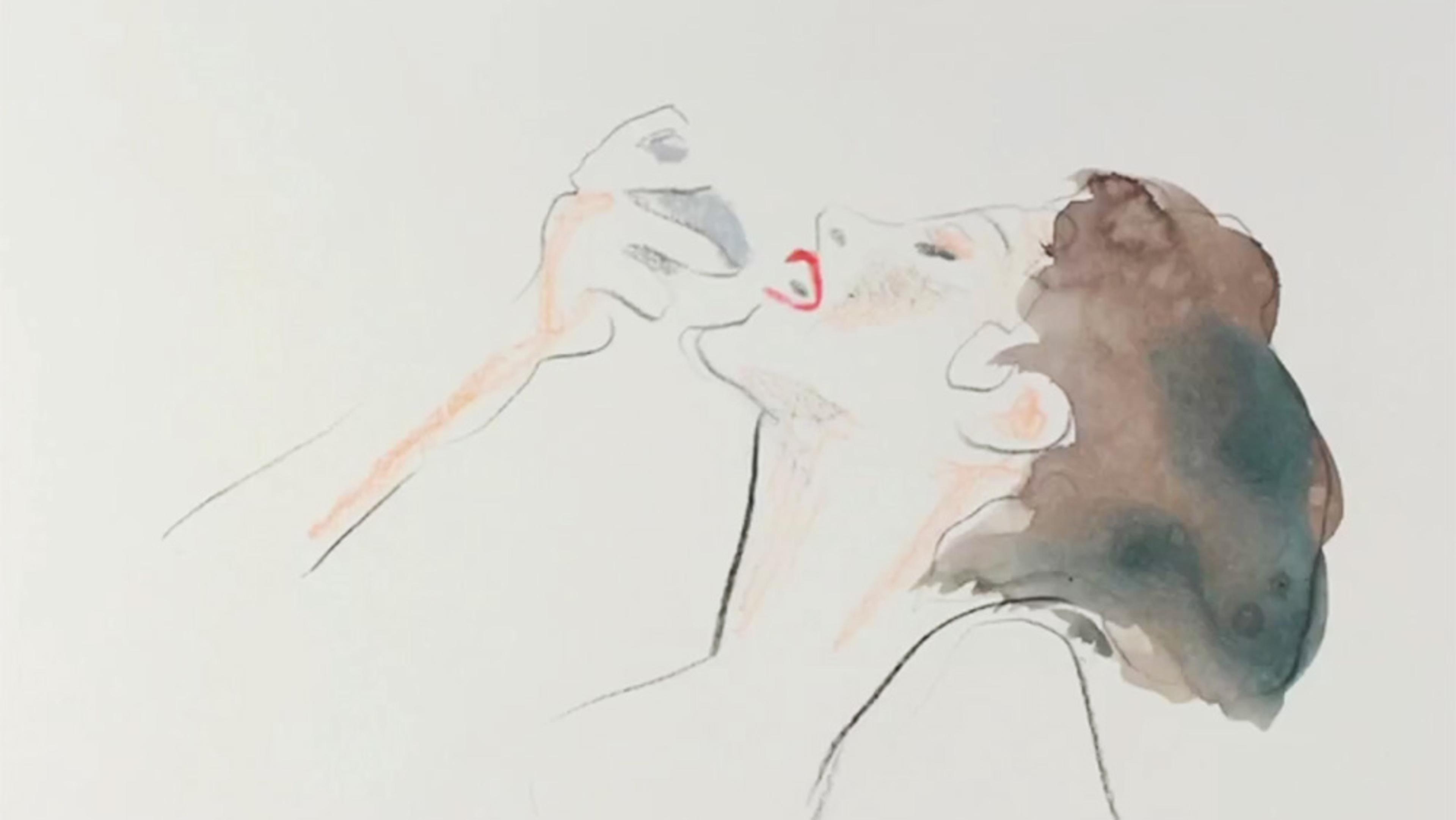 Watercolour painting of a woman with brown hair, tilting her head back and raising something to her lips. The background is plain white.