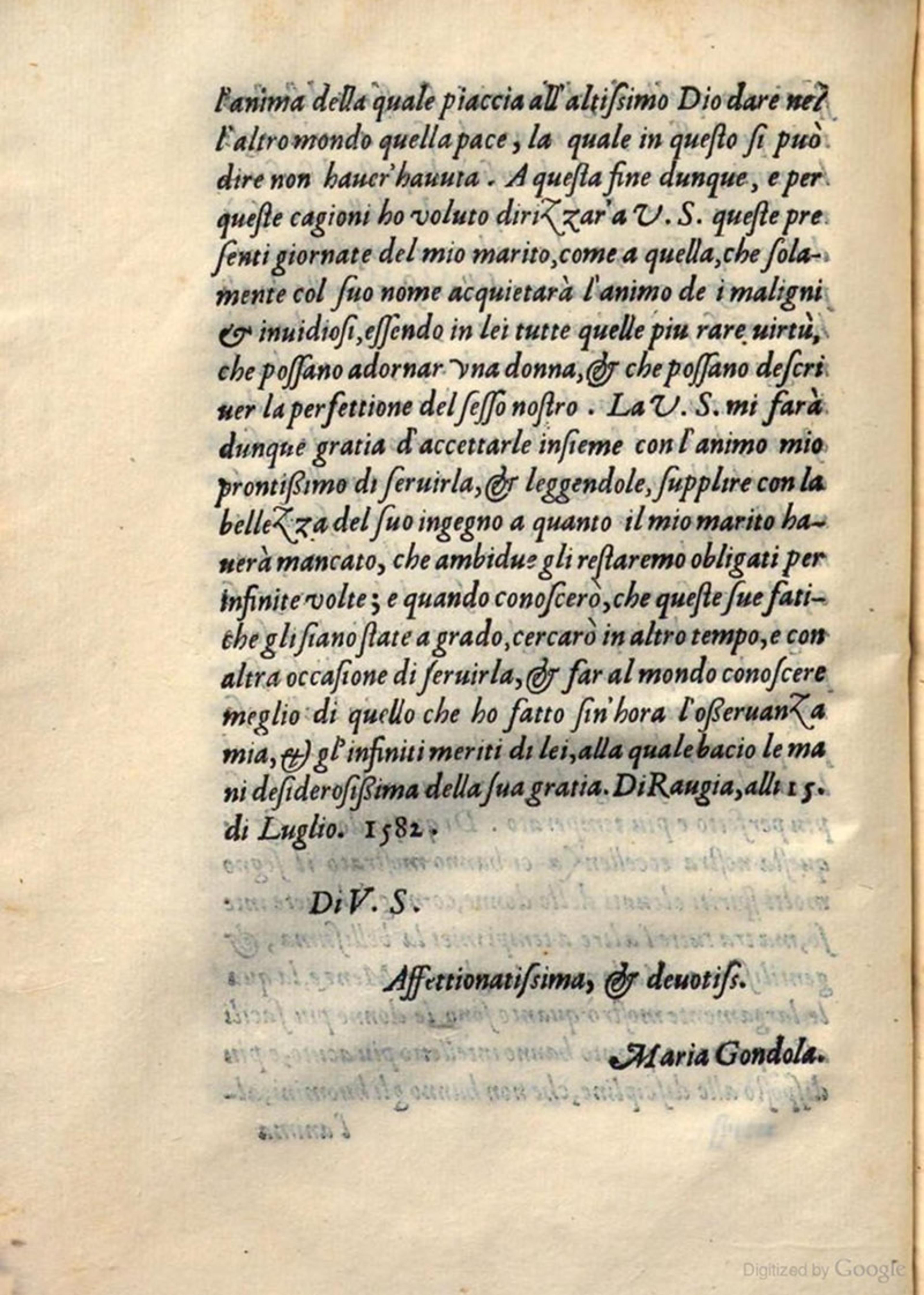A page from an old book with Italian handwritten text dated 1582, showing aged paper and ornate writing.