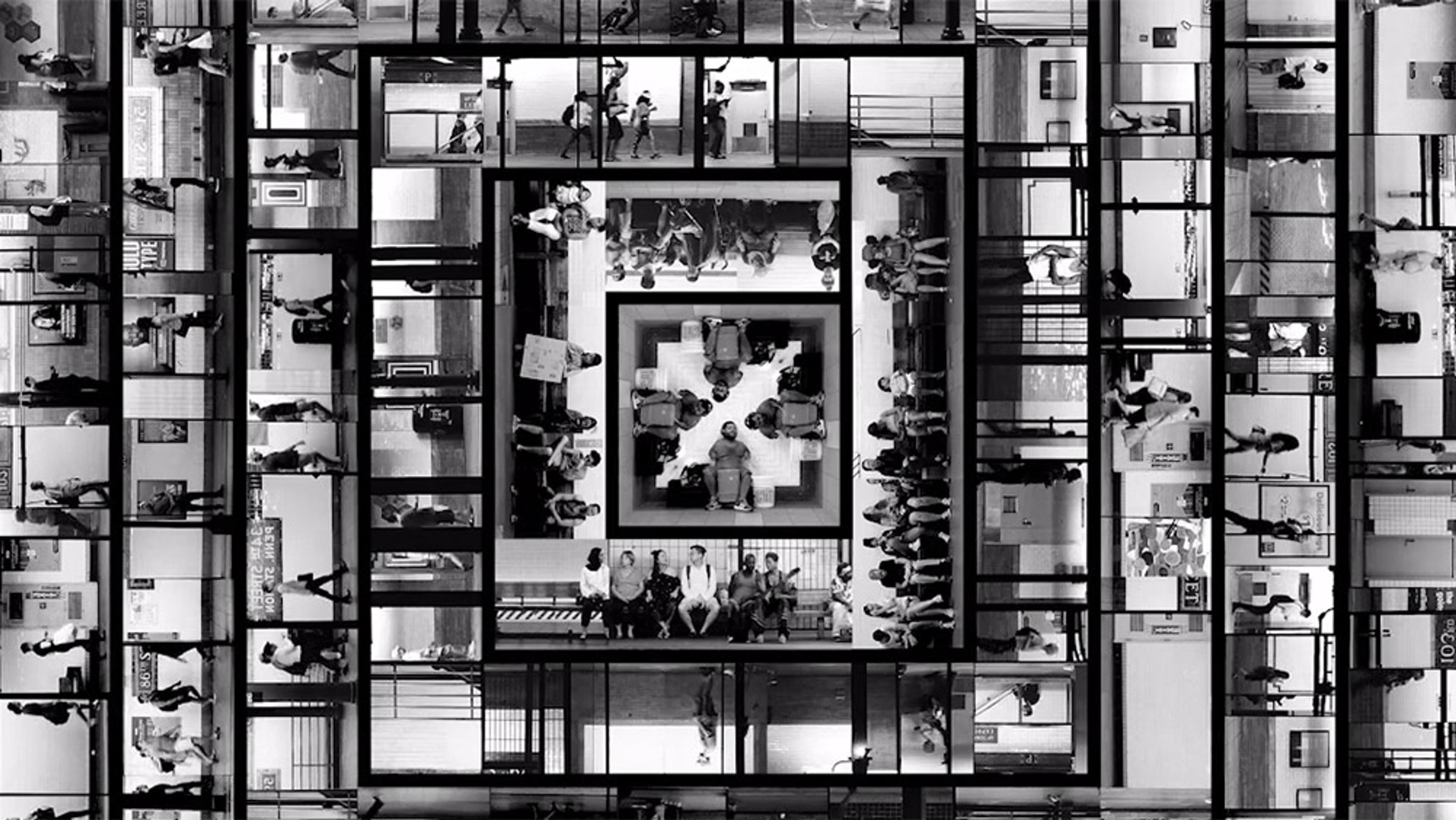 Black and white photo collage of a mirrored, labyrinth-like building interior with people walking, sitting and interacting.