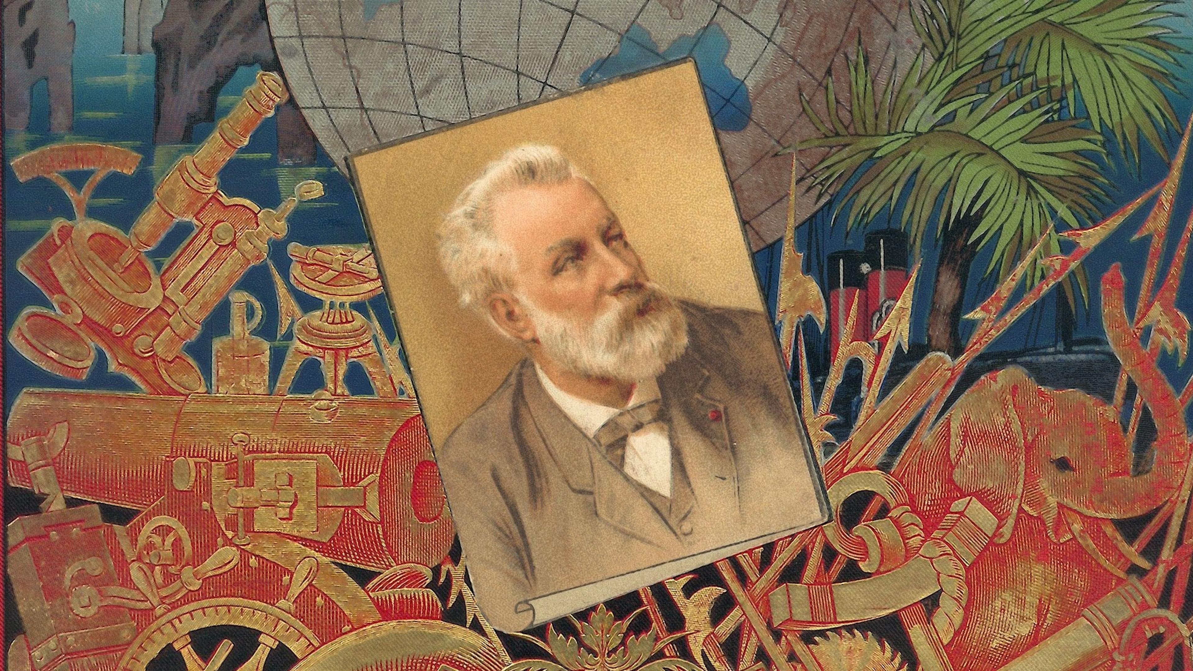 Illustrated book cover for “Voyages Extraordinaires” by Jules Verne featuring a globe, ship, hot air balloon and portrait.