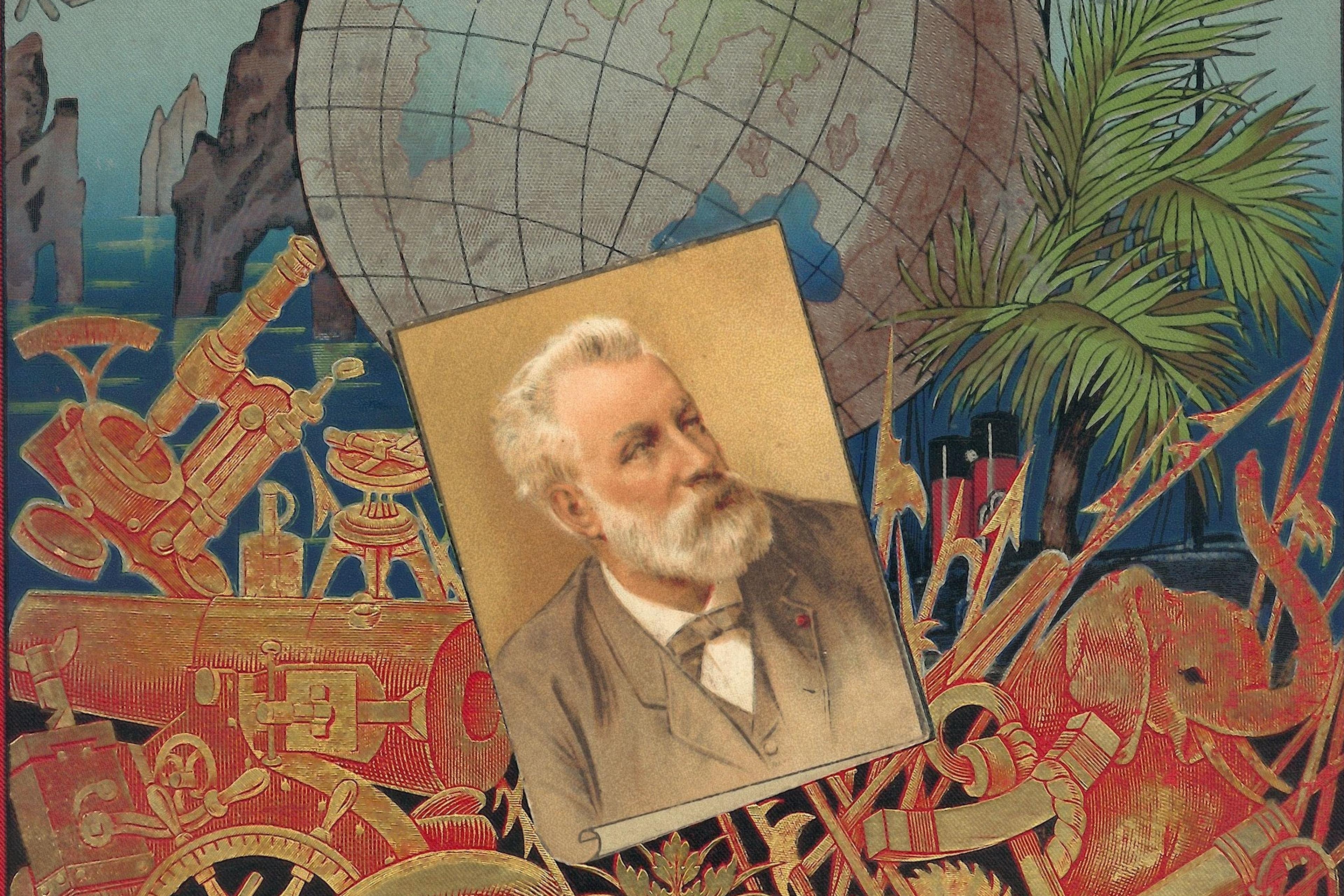 Illustrated book cover for “Voyages Extraordinaires” by Jules Verne featuring a globe, ship, hot air balloon and portrait.