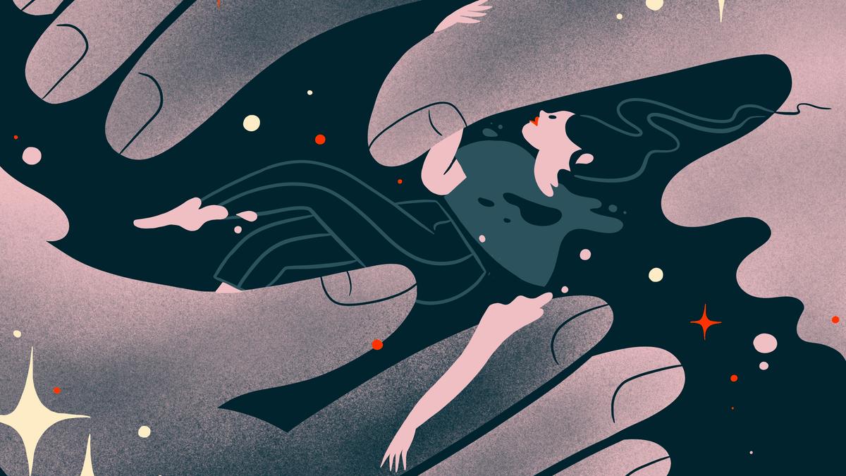 Illustration of a woman floating in space surrounded by large hands and small stars on a dark background.