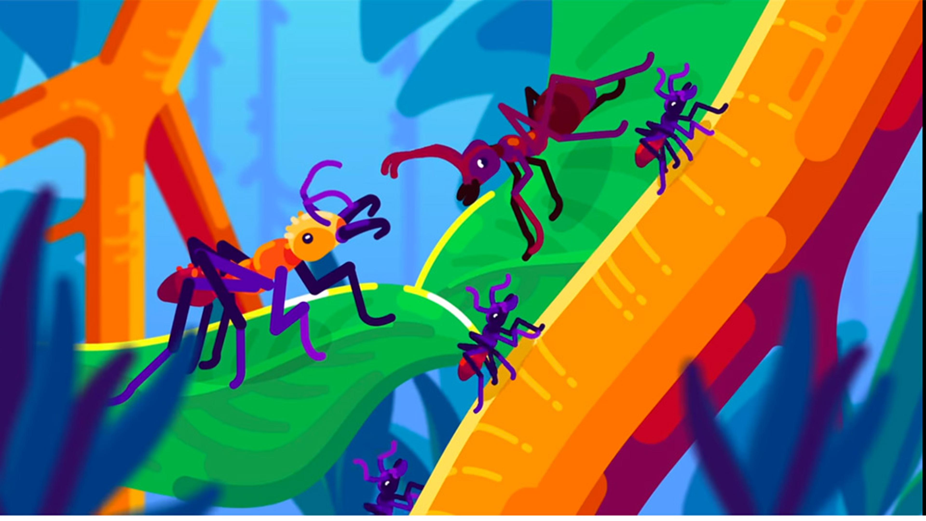 Colourful digital illustration of cartoon ants on green vegetation in a vibrant forest setting with blue and orange elements.