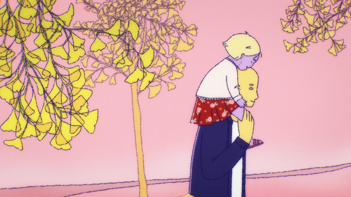 Illustration of a person carrying a child on shoulders under a tree with yellow leaves on a pink background.