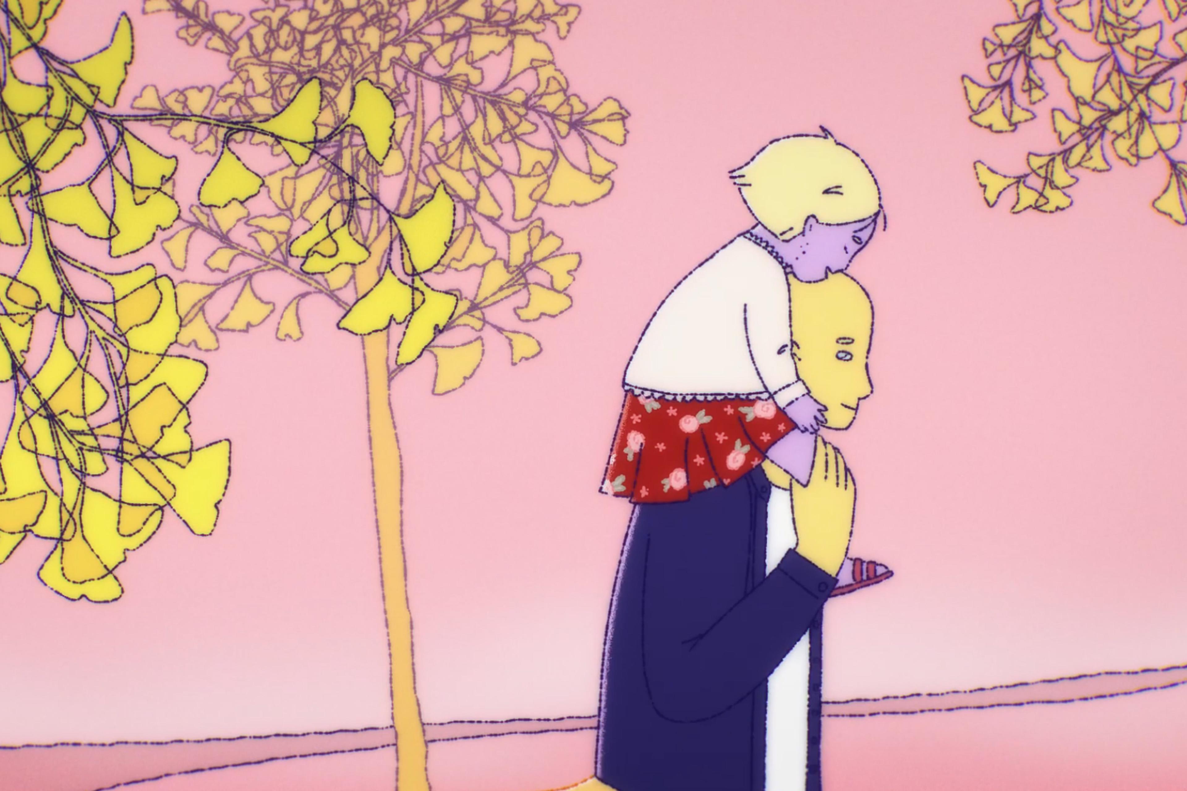 Illustration of a person carrying a child on shoulders under a tree with yellow leaves on a pink background.
