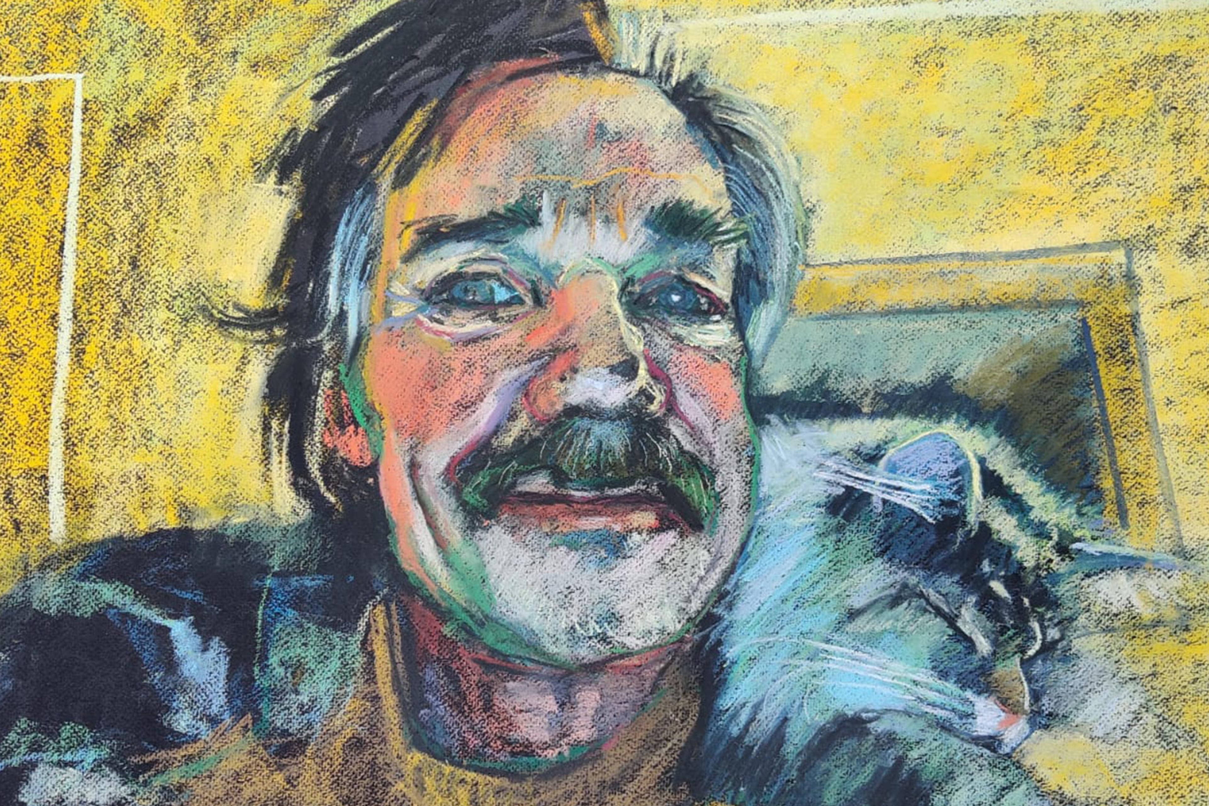 Pastel painting of a smiling man with a moustache and a cat on his shoulder, set against a yellow background.
