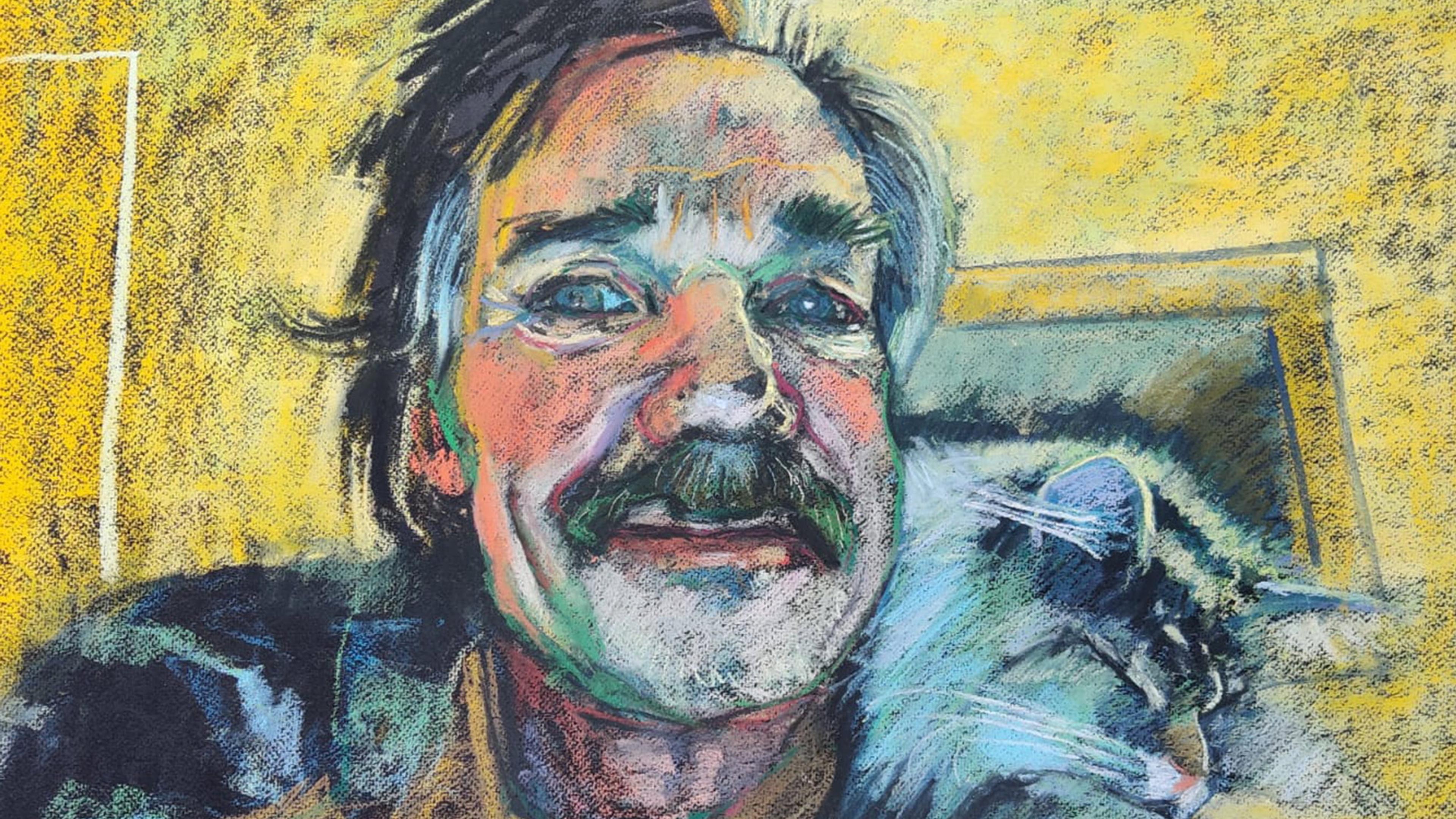 Pastel painting of a smiling man with a moustache and a cat on his shoulder, set against a yellow background.