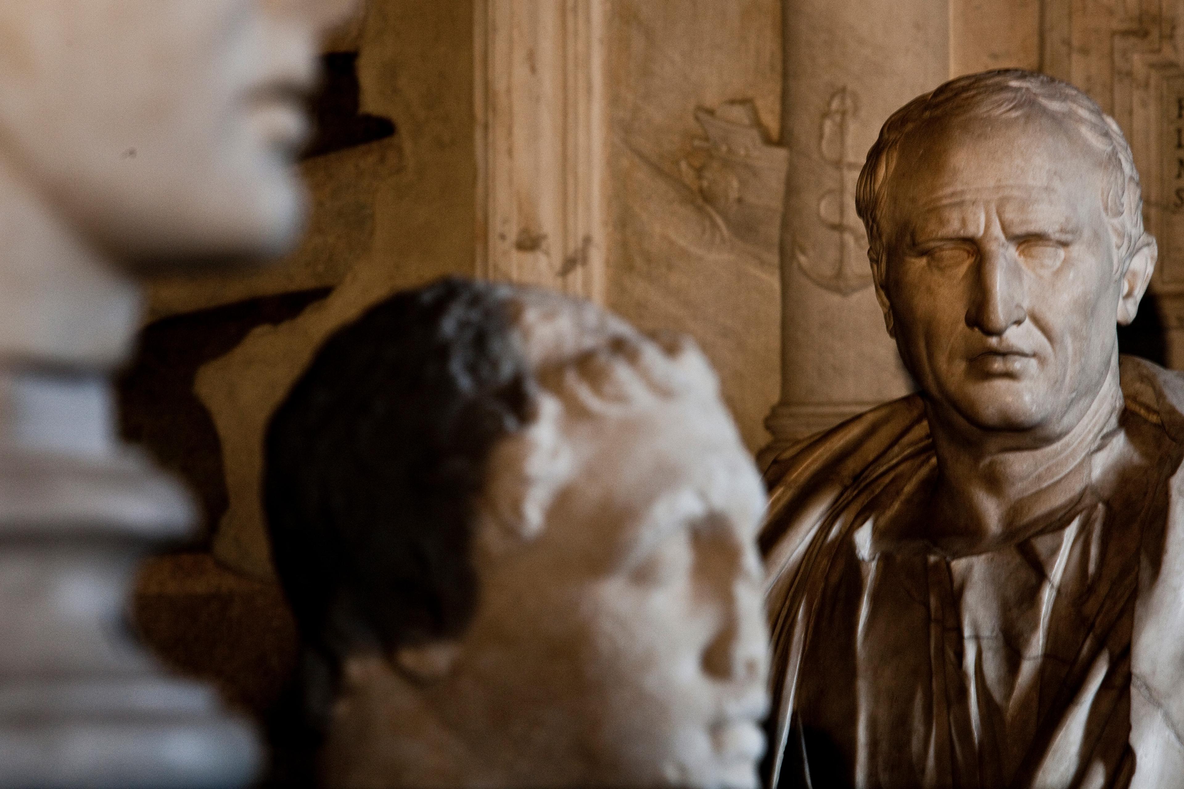 Classical marble busts in a museum setting with focus on a detailed male figure in the background.