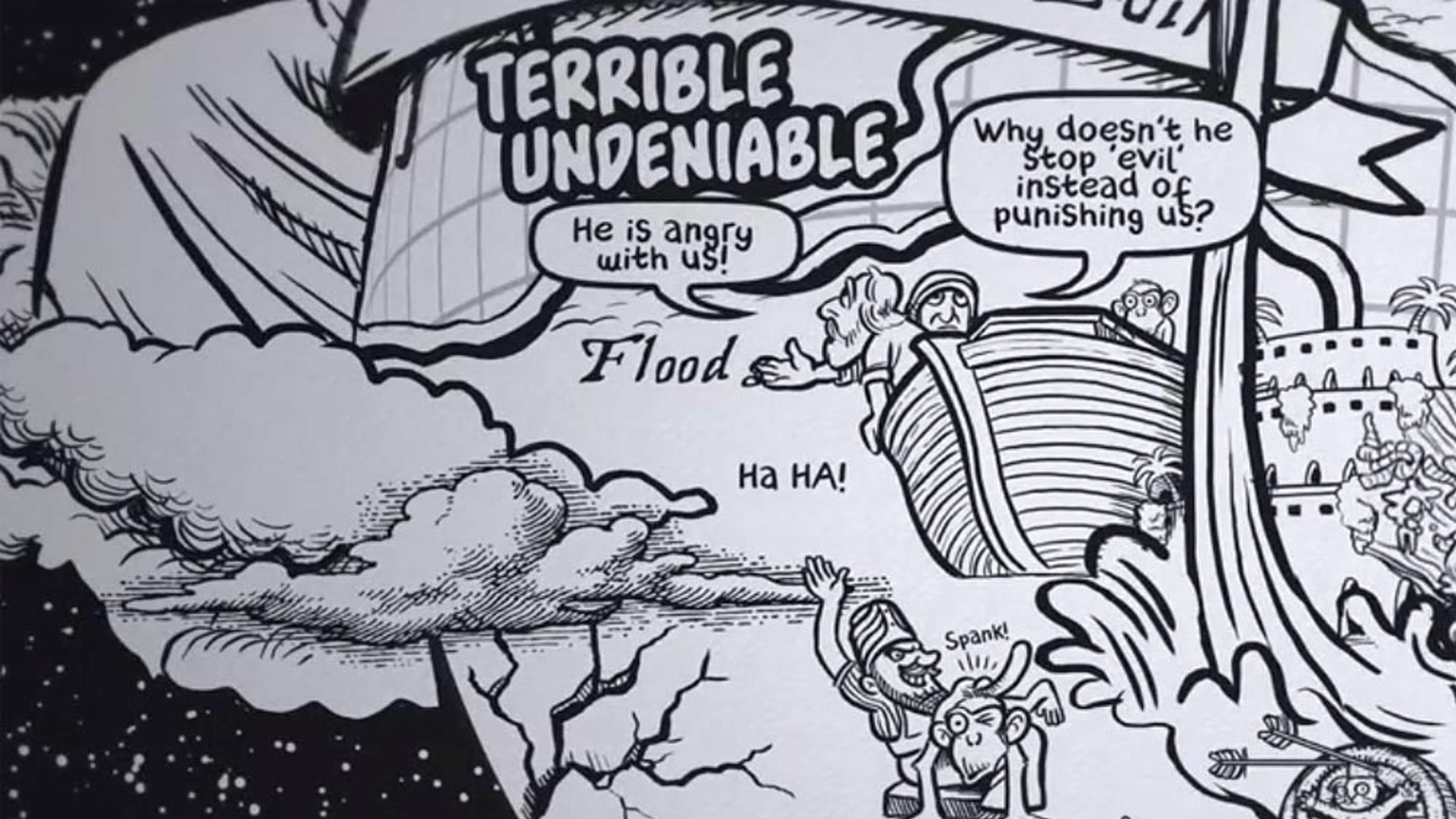 Black and white comic illustration titled “Terrible Undeniable” depicting an angry deity, a flood, and people questioning punishment.