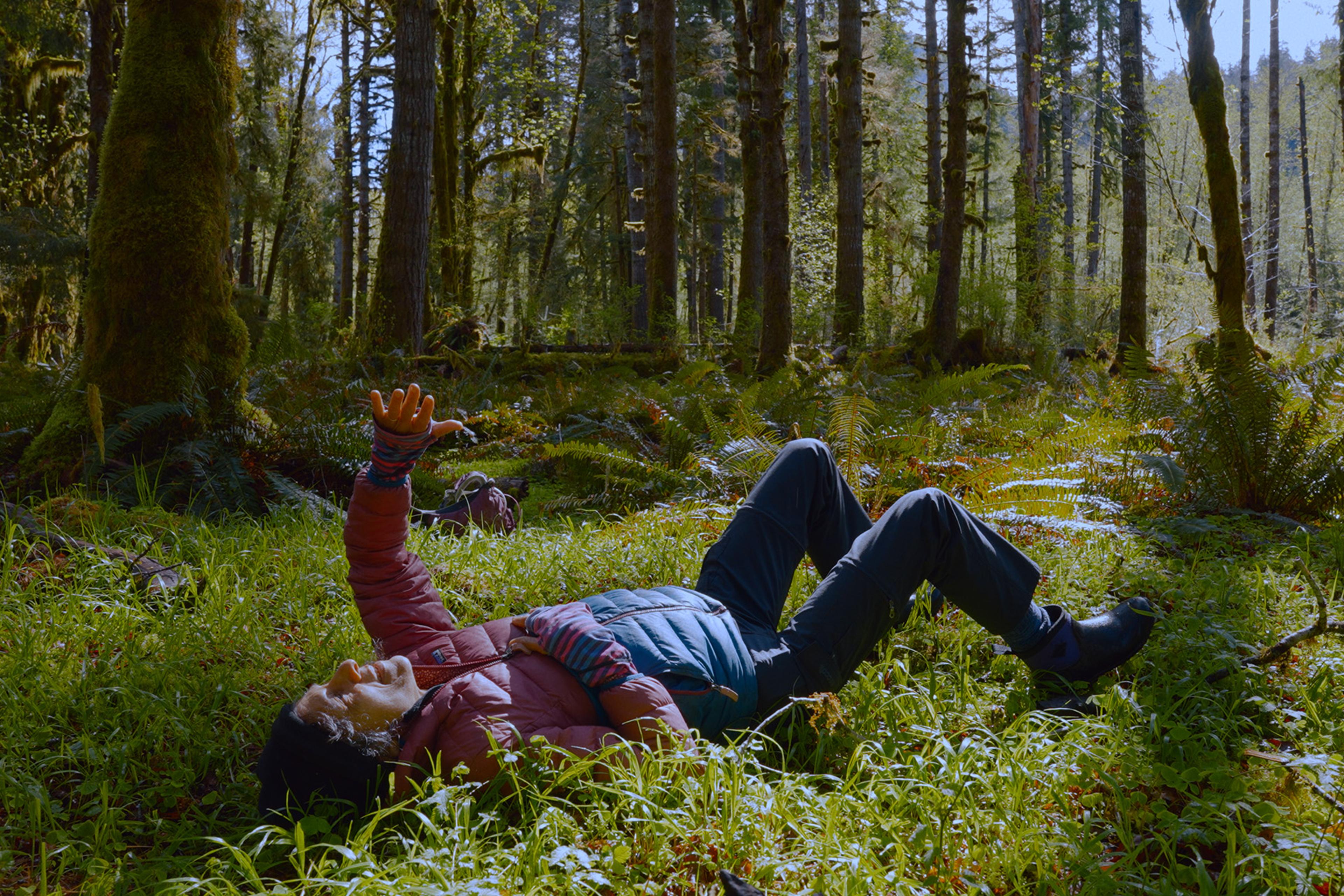 Outdoorsy woman lies back in a sunny forest on grass and ferns, surrounded by trees with mossy trunks. She shields her face from the sun with an arm.