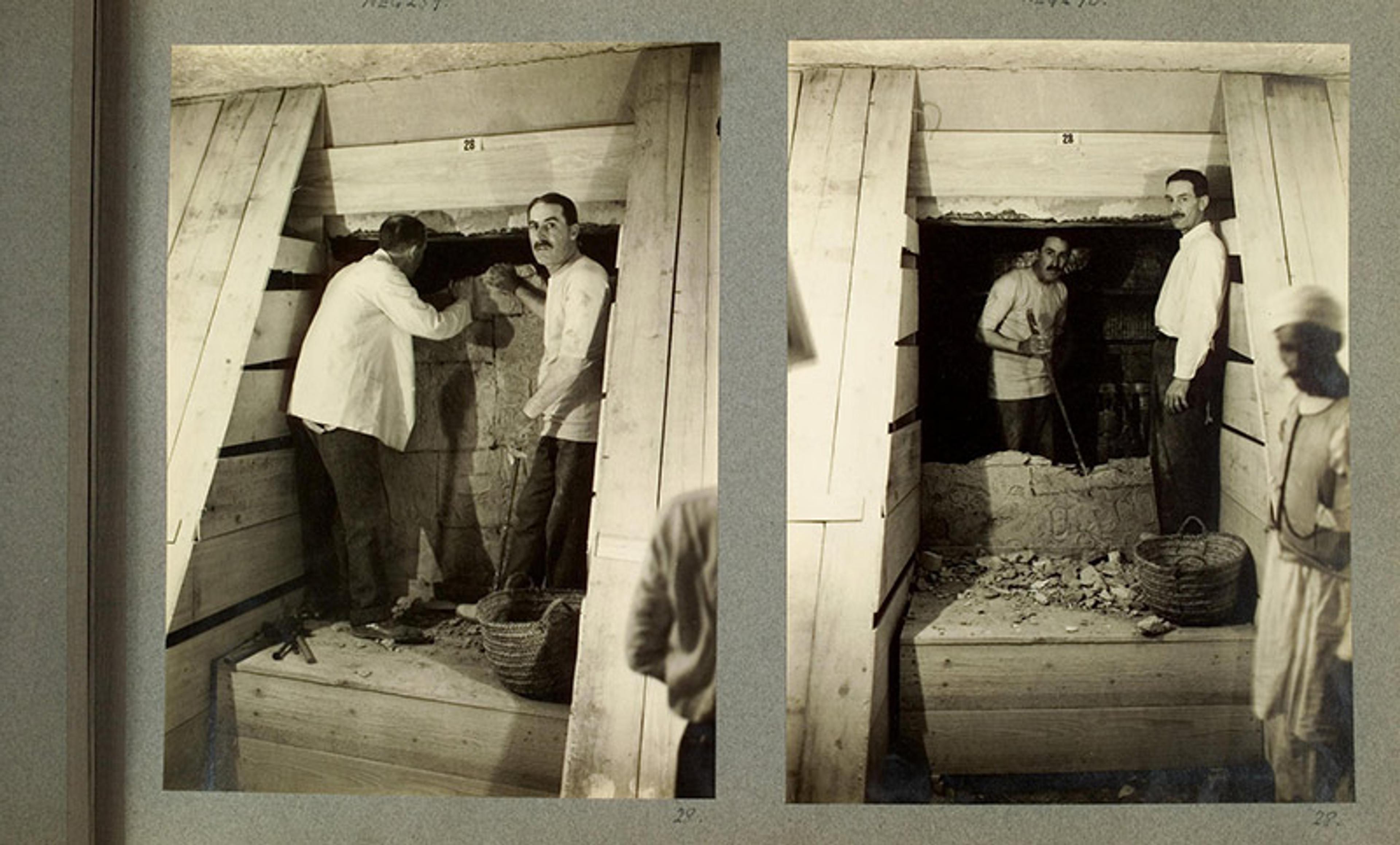 Black-and-white photos of two men in an archaeological dig site, excavating an ancient sealed doorway with wooden supports.