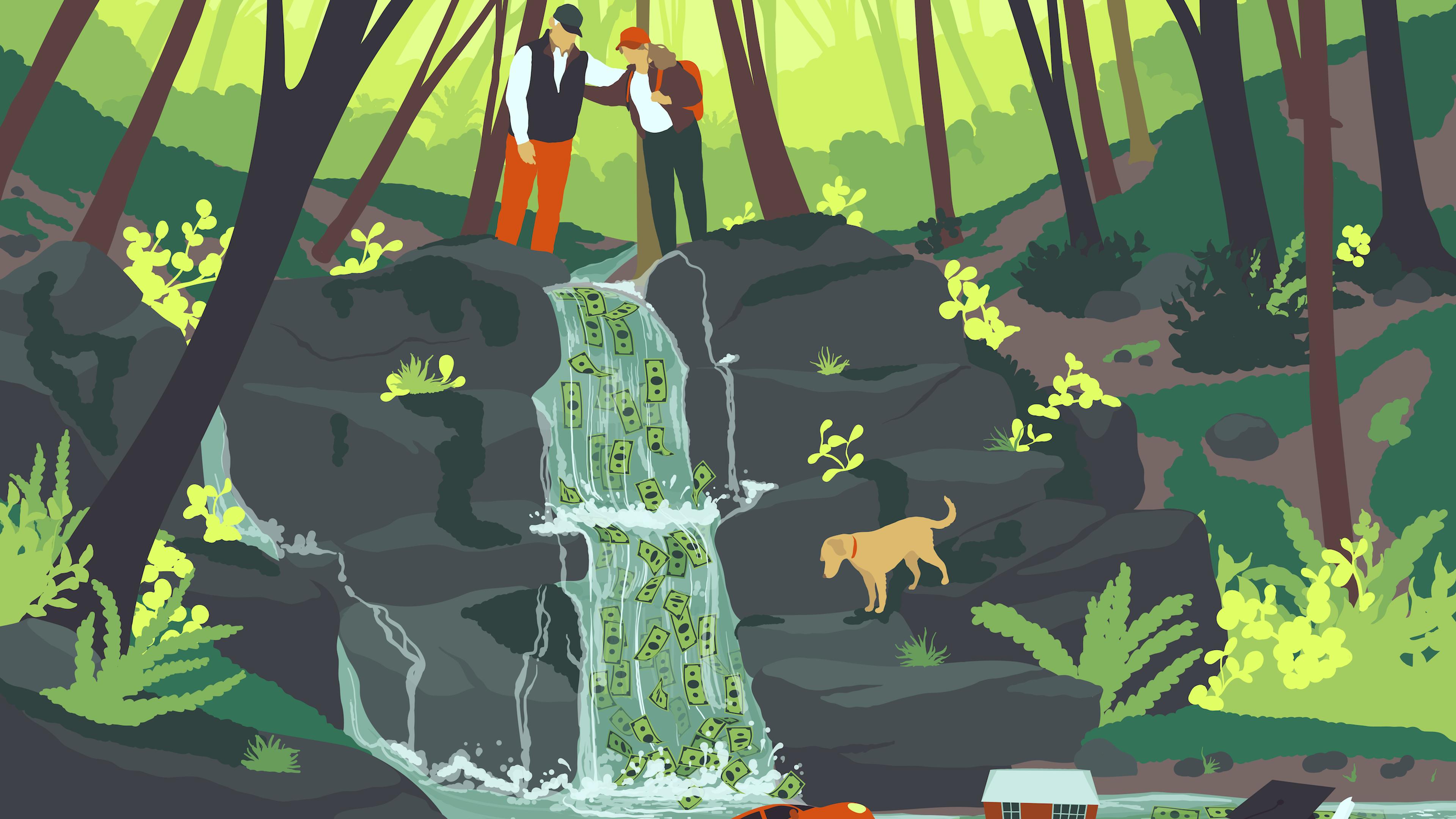 Illustration of two people standing in a forest, at the top of a waterfall, with a dog below; money is washing away down the waterfall into a pond, as well as a car and house pictured in the pond below.