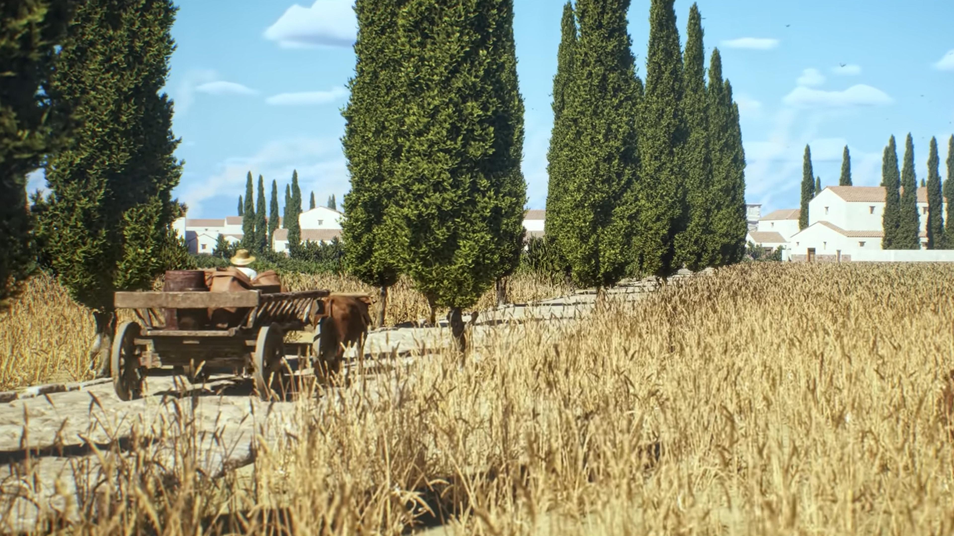 Digital image of a rural scene with a horse-drawn cart on a road lined by tall trees, fields and houses under a blue sky.