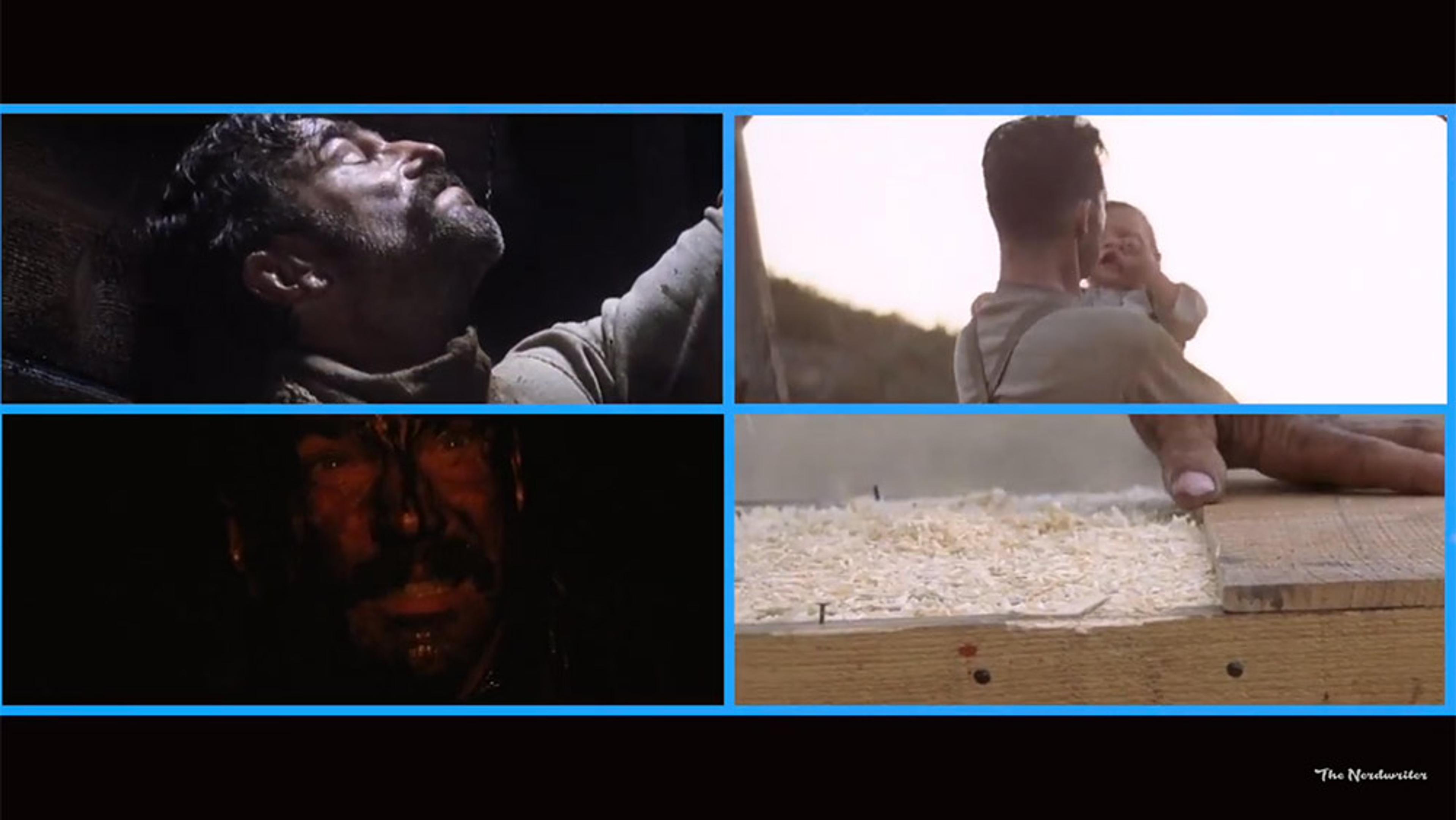 Collage of four film stills: man looking up in dark, man holding baby, face covered in oil, hand touching surface with wood shavings