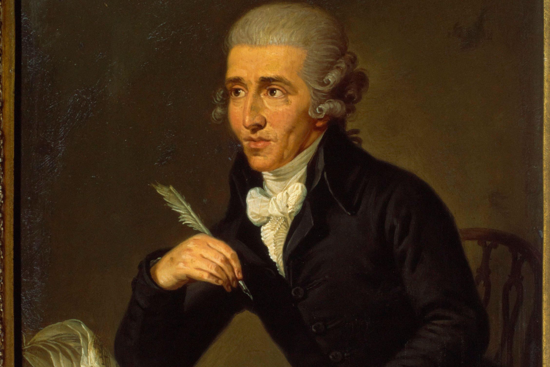 Portrait painting of a man in 18th-century attire holding a quill, seated at a table with a thoughtful expression.