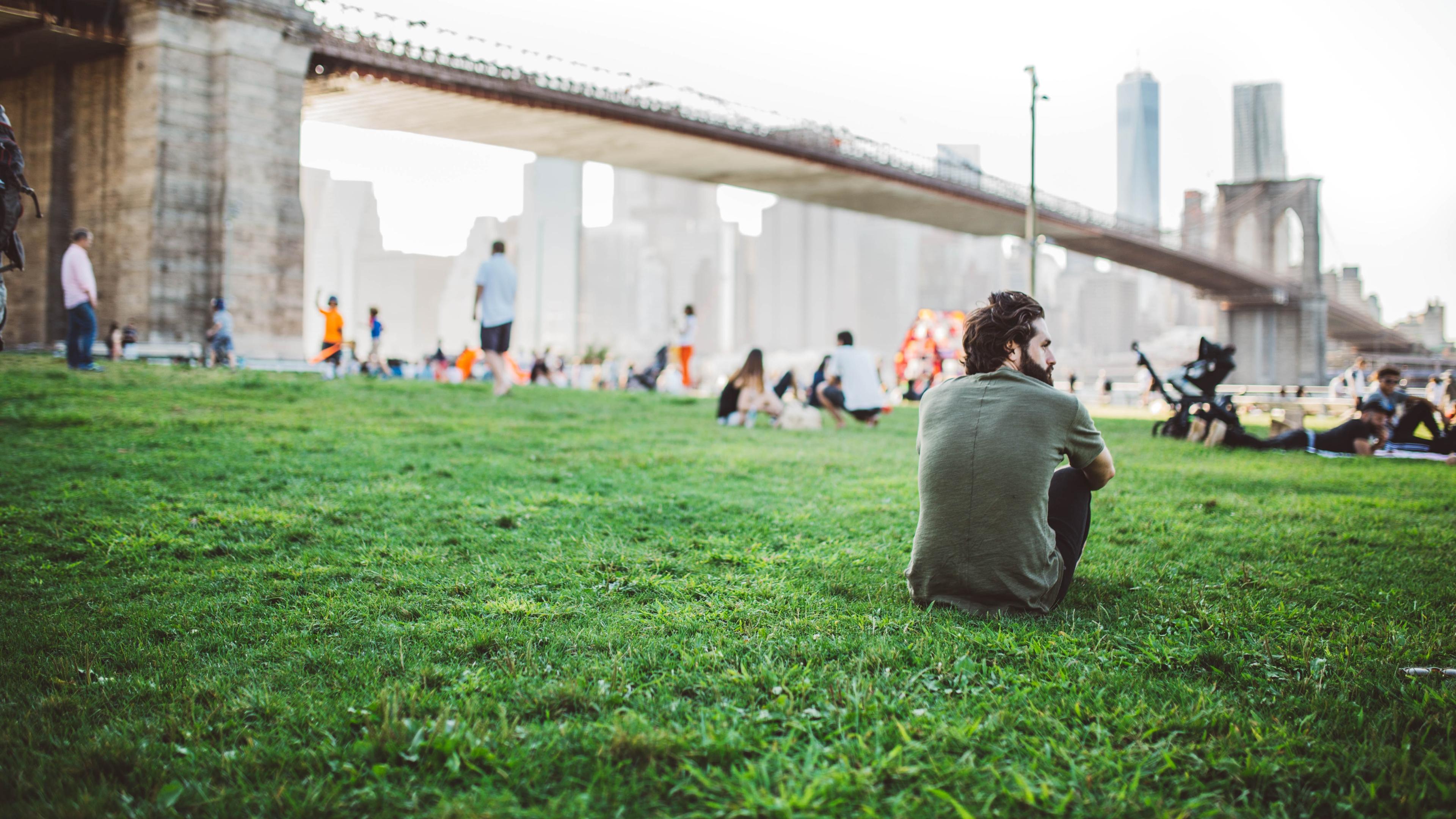 Photo of a man sitting on grass near a bridge with people relaxing and walking in a park setting.