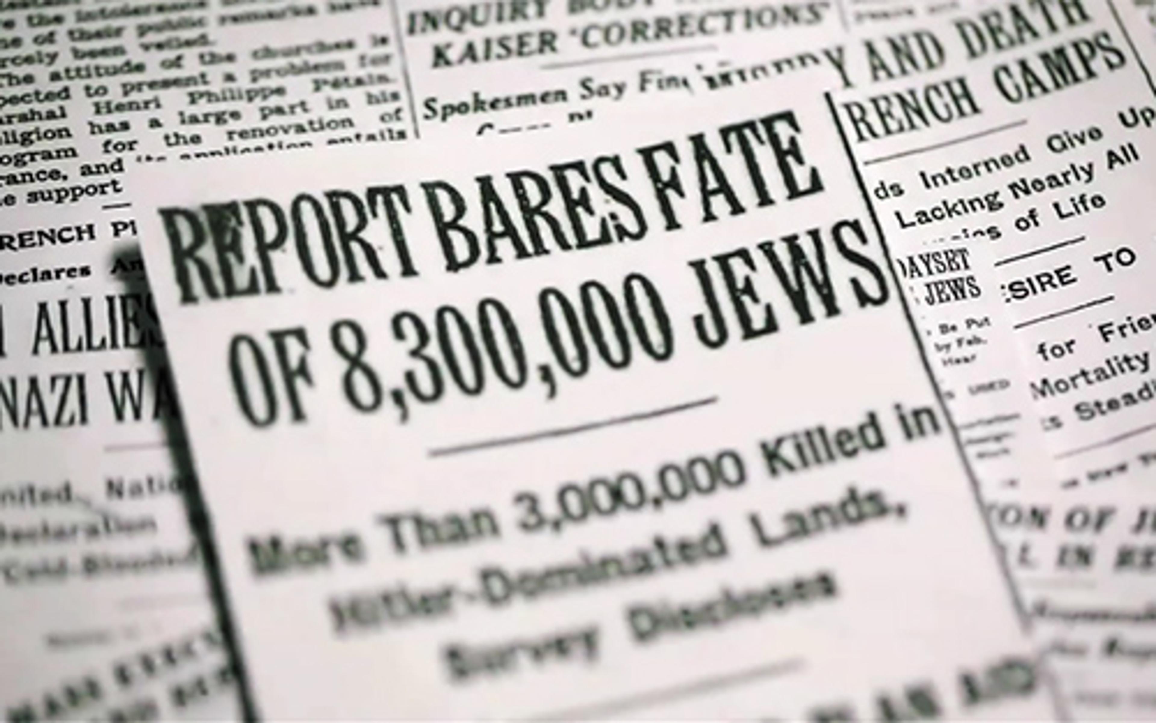Black-and-white photo of a newspaper headline reporting the fate of Jews during WWII, stating over 3 million killed in Hitler-dominated lands.