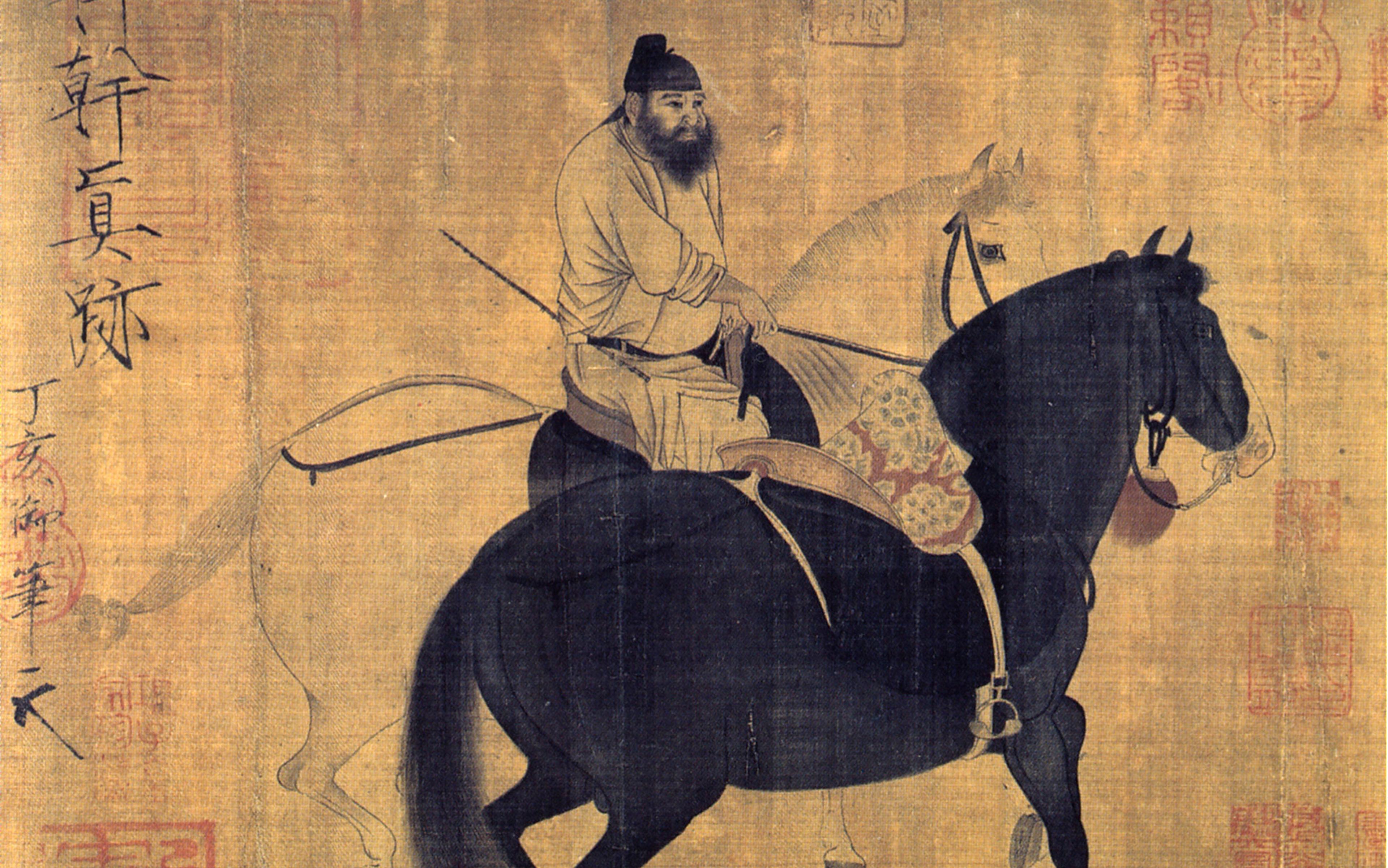 Ancient Chinese painting of a man riding a dark horse with a pale horse in the background, calligraphic text is on the left side.